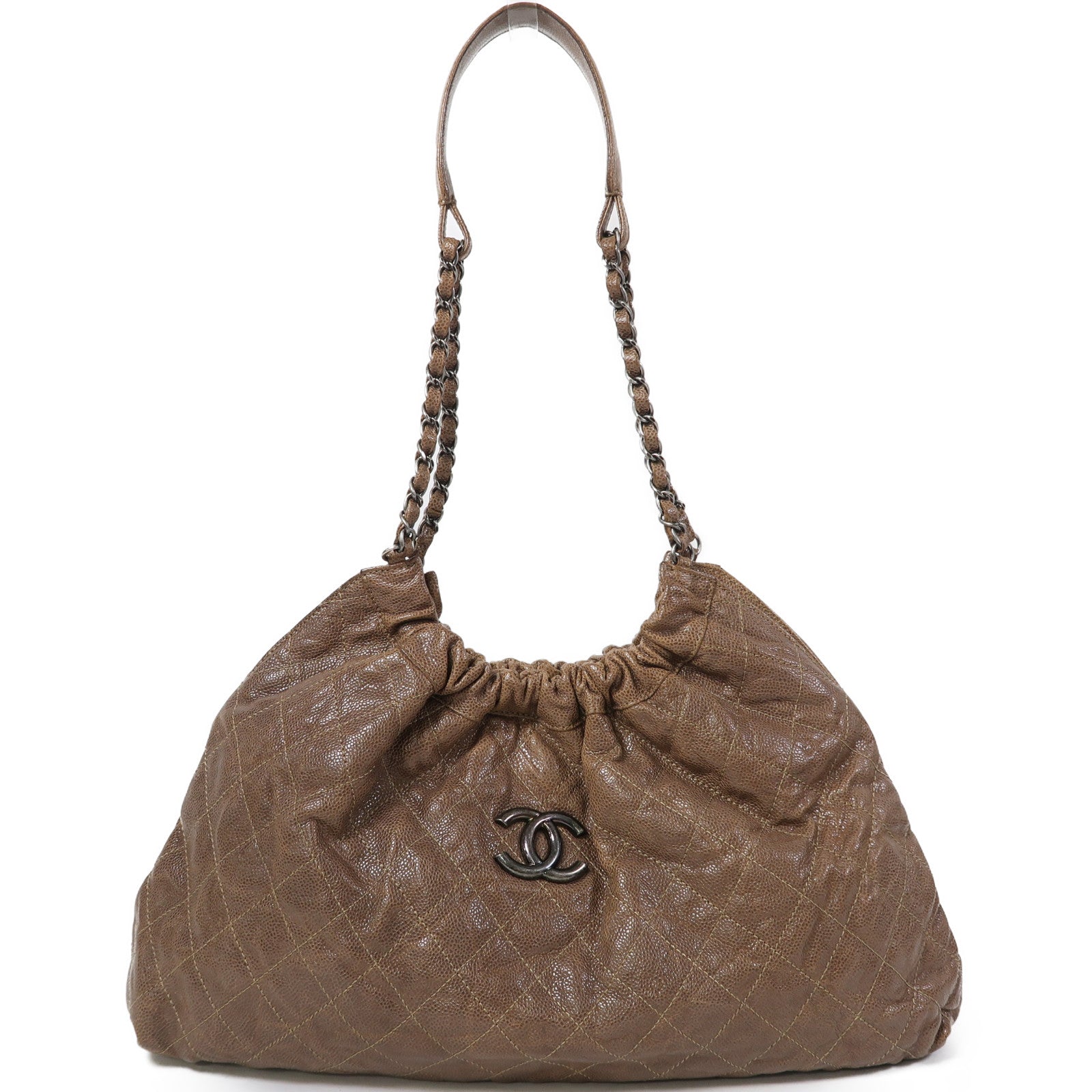 CHANEL 菱格牛皮皮革Shoulder Bag銀扣鏈帶肩背袋啡色