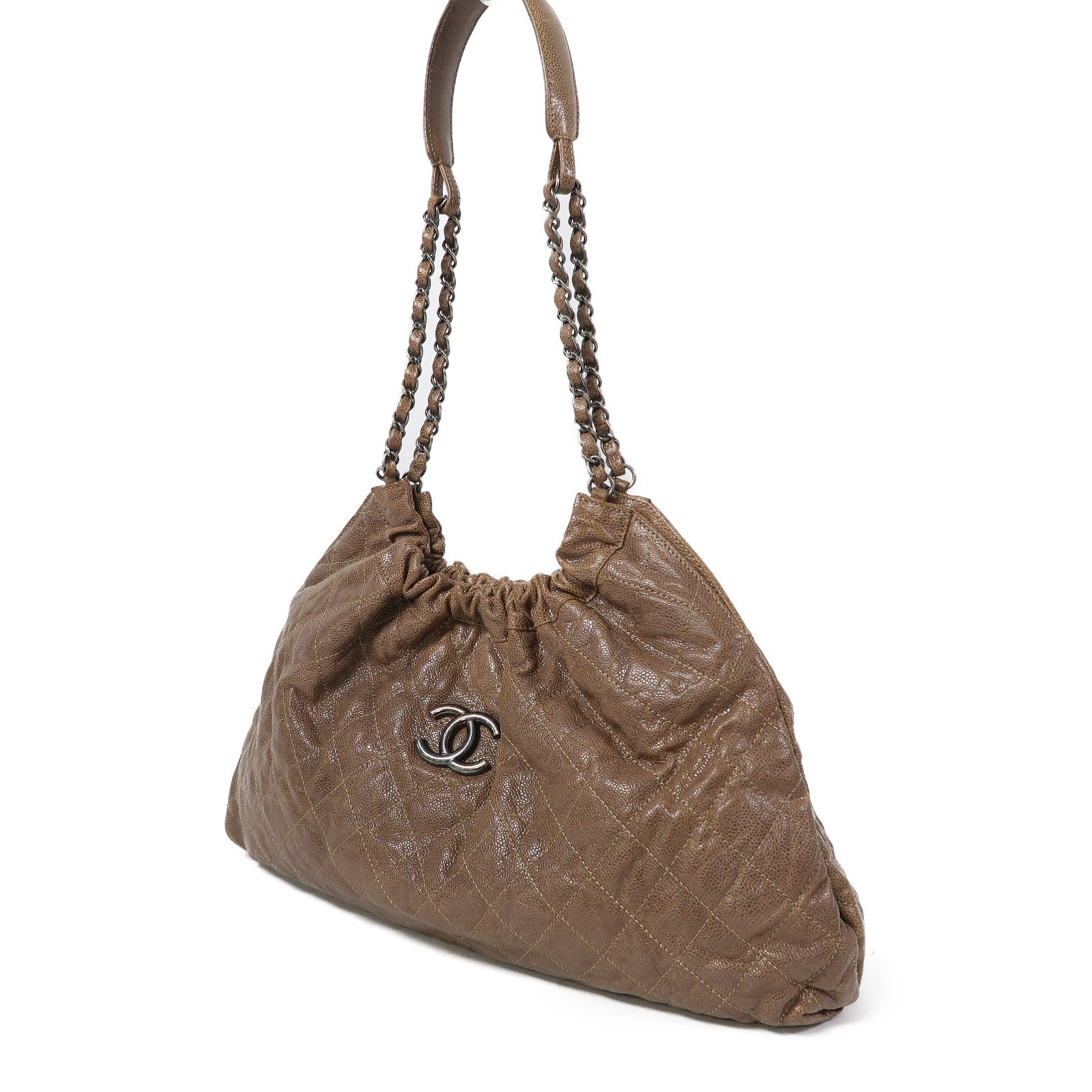 CHANEL 菱格牛皮皮革Shoulder Bag銀扣鏈帶肩背袋啡色