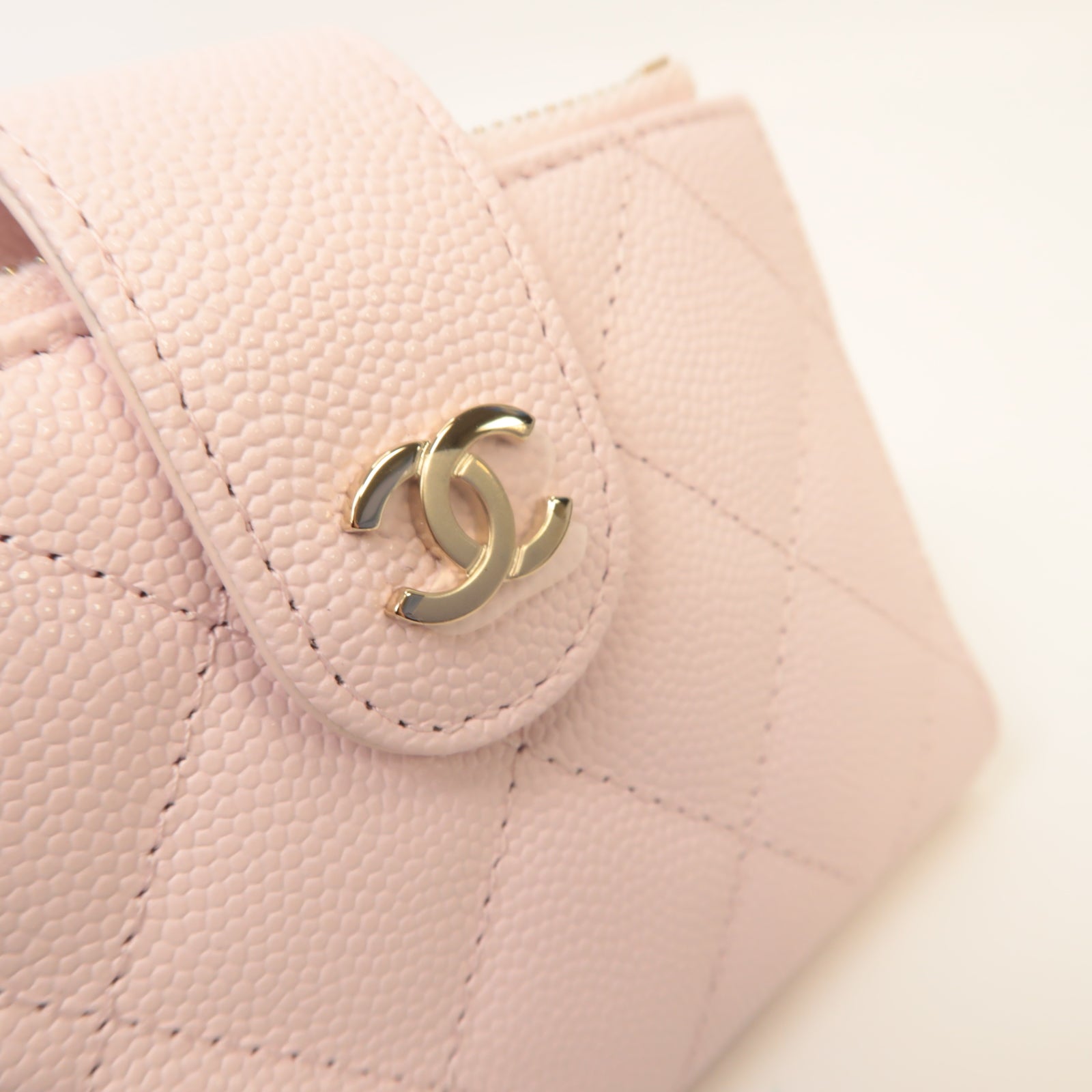 CHANEL 菱格Caviar皮革Zipper Wallet金扣錢包淺粉紅色