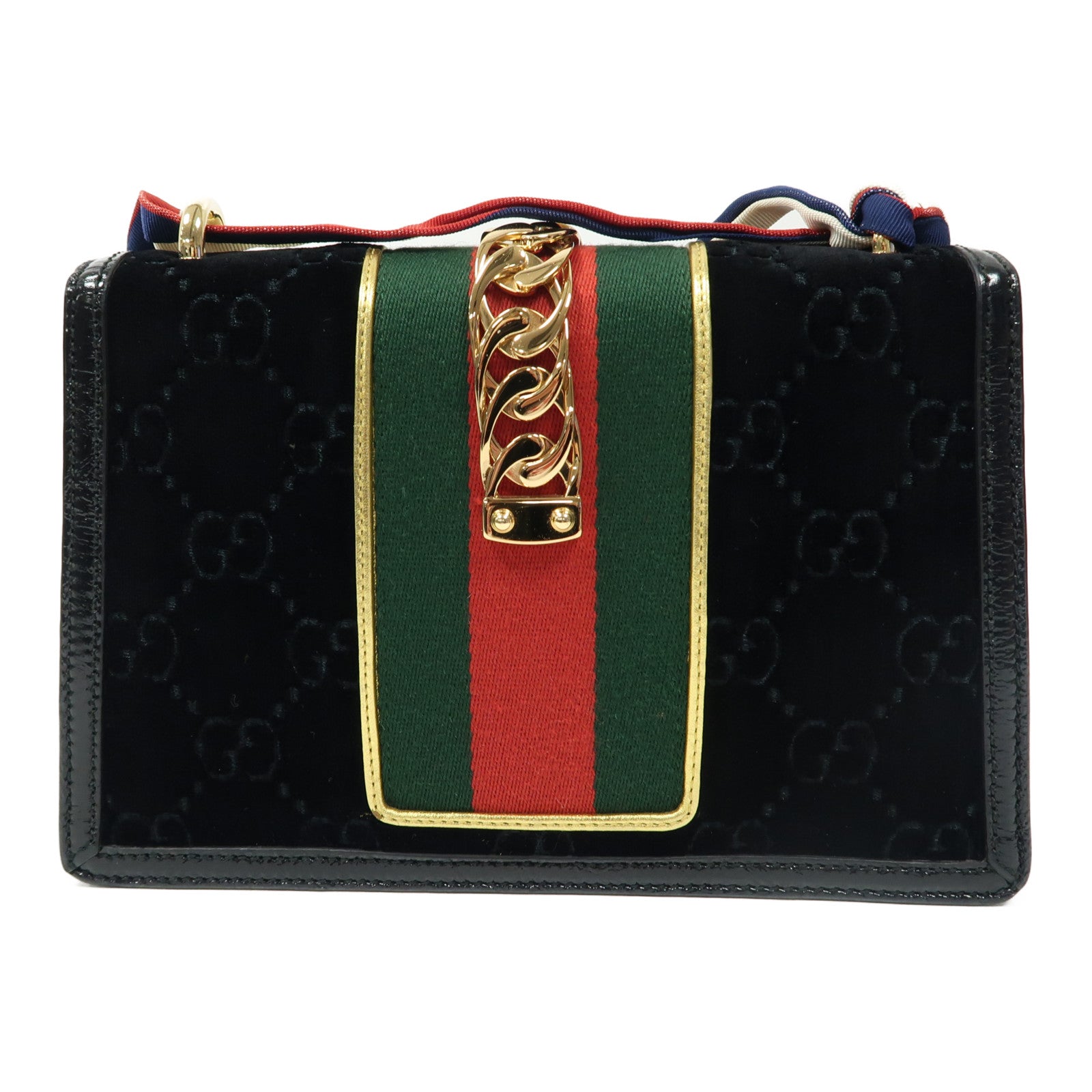 GUCCI 麂皮皮革/漆皮皮革Sylvie Sherry Line金扣肩背袋黑色