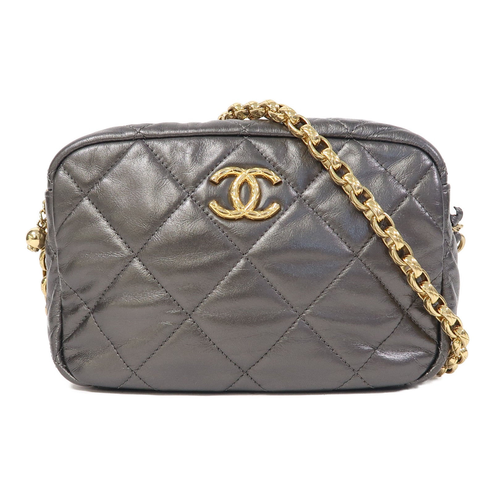 CHANEL 菱格皮革Chain Shoulder金扣鏈帶肩背袋灰色