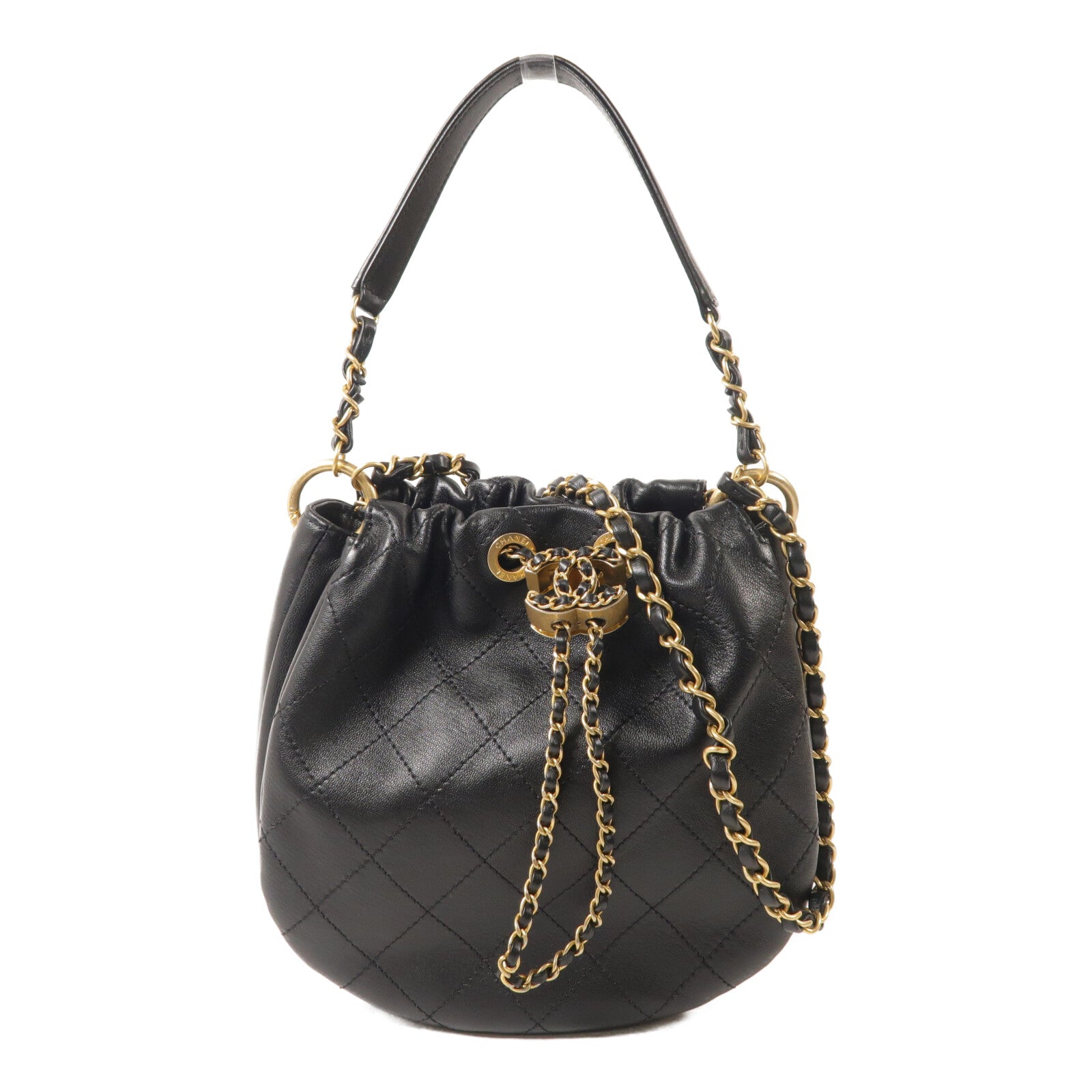 CHANEL 牛皮皮革Bucket Bag鏈帶手挽肩背兩用袋