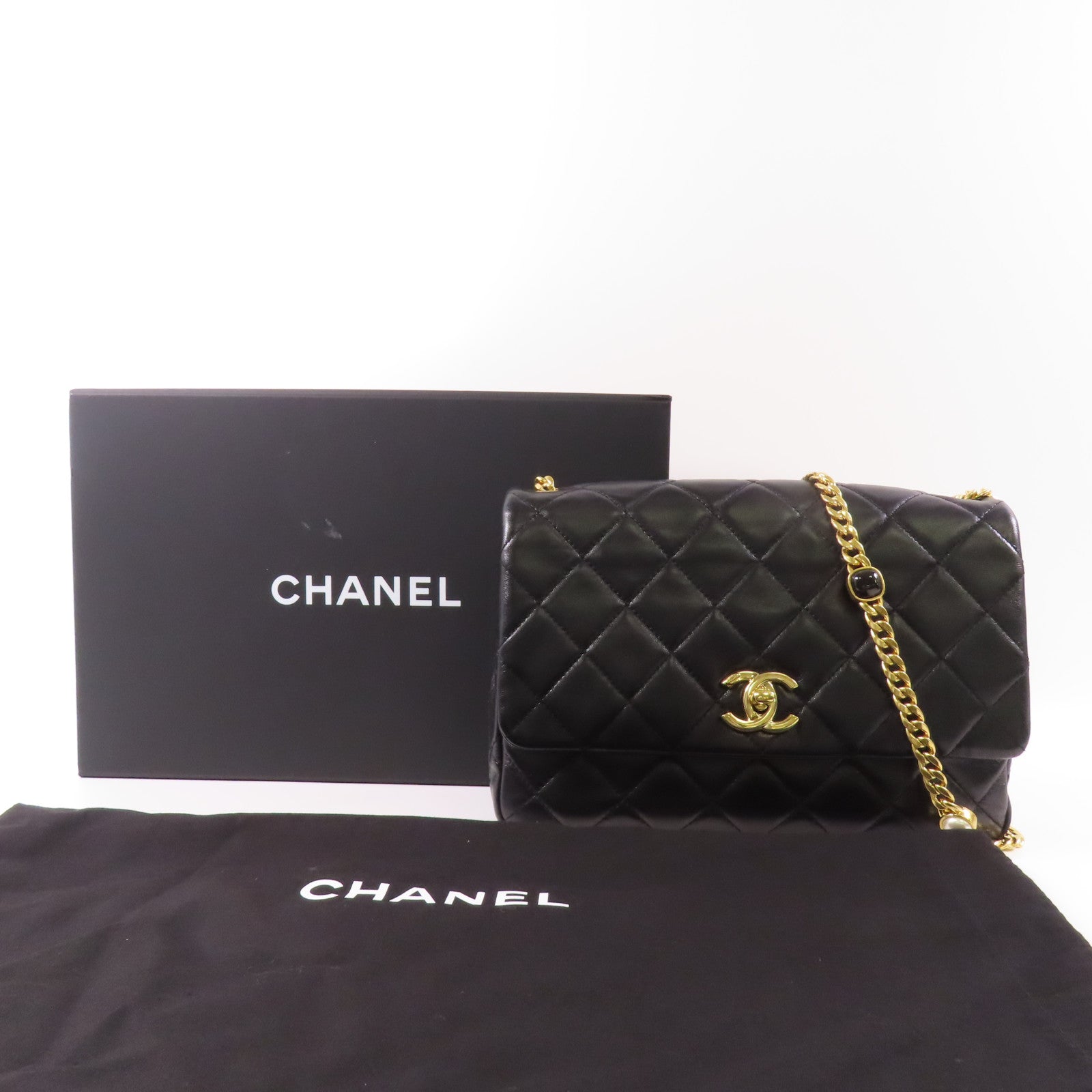 CHANEL 羊皮皮革Chain Shoulder金扣鏈帶肩背袋