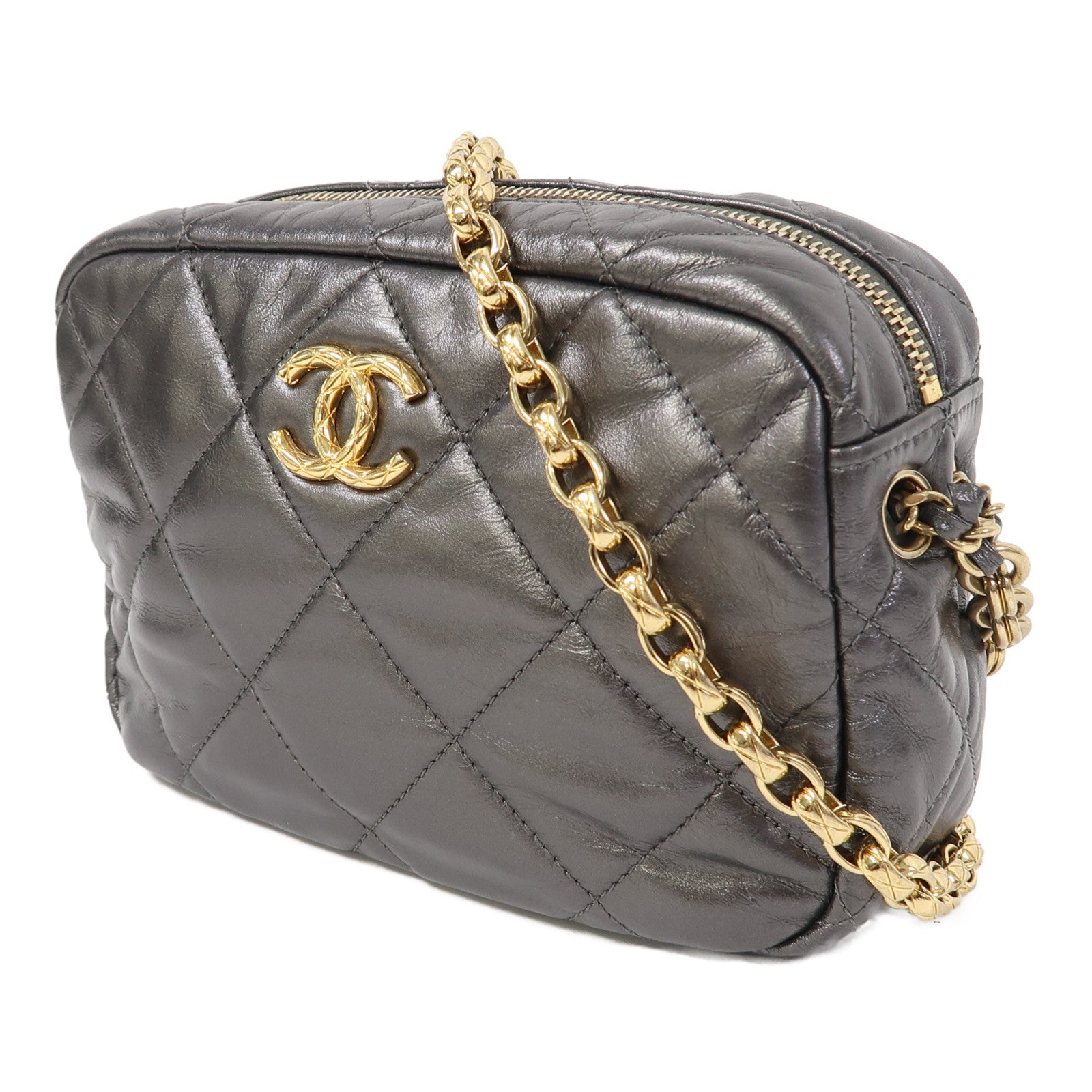 CHANEL 菱格皮革Chain Shoulder金扣鏈帶肩背袋灰色