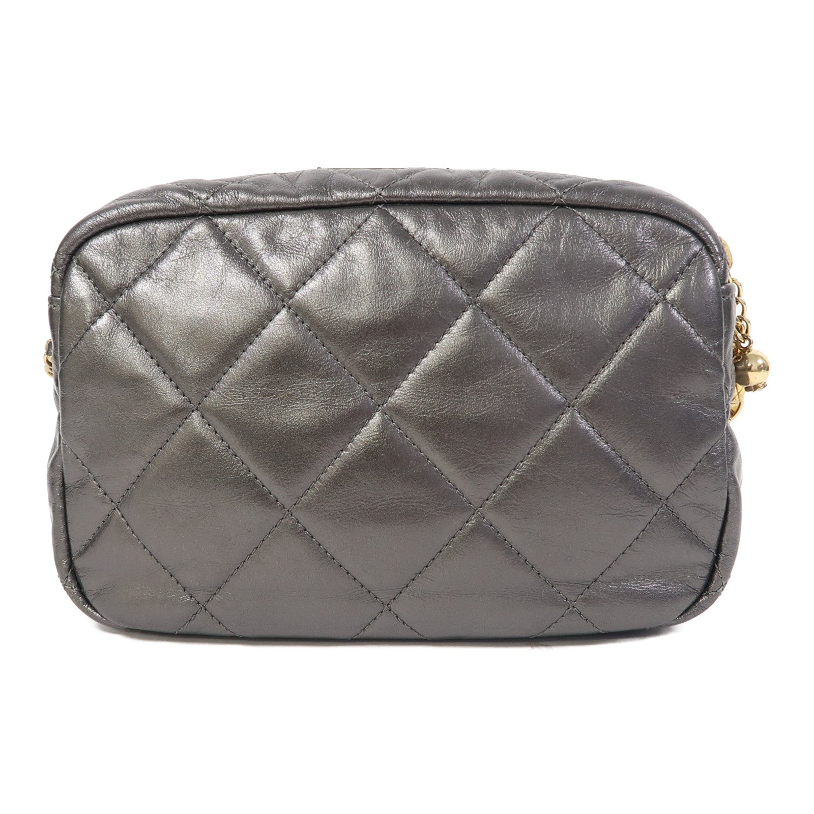 CHANEL 菱格皮革Chain Shoulder金扣鏈帶肩背袋灰色