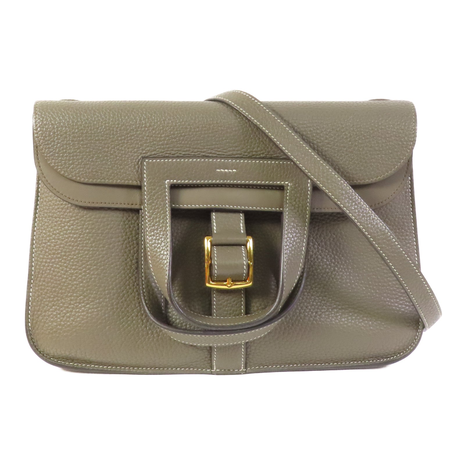 HERMES Clemence皮革Halzan 31金扣手挽肩背兩用袋Etain