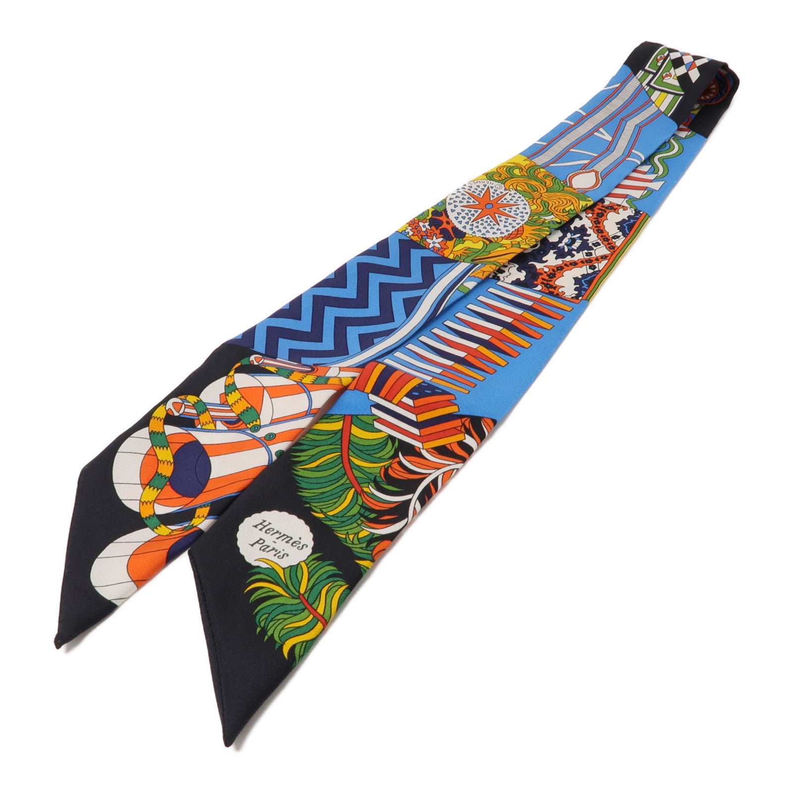 HERMES 絲質Twilly絲巾藍色/黑色/橙色