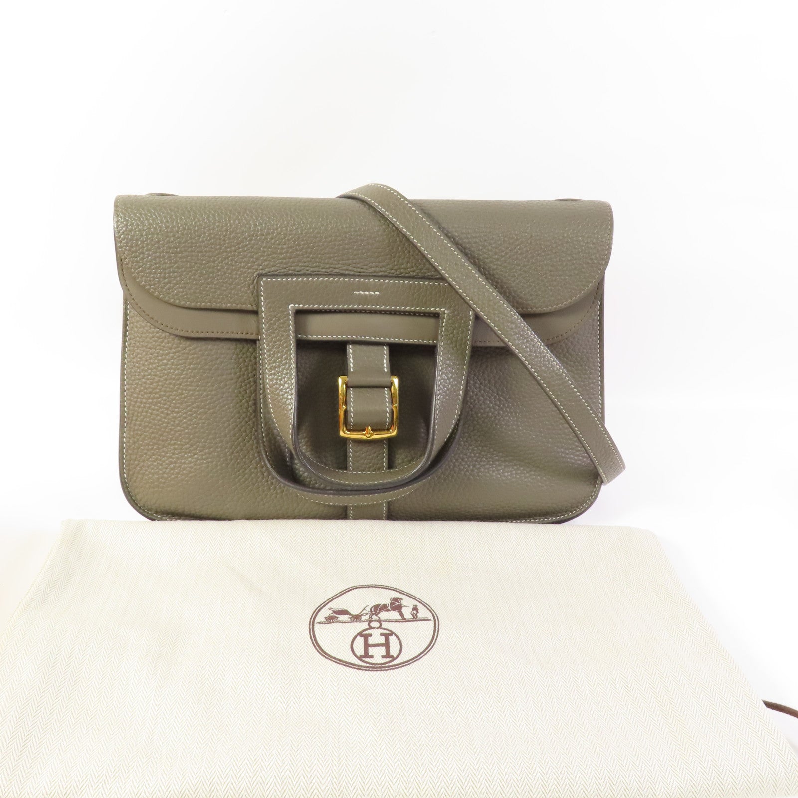 HERMES Clemence皮革Halzan 31金扣手挽肩背兩用袋Etain