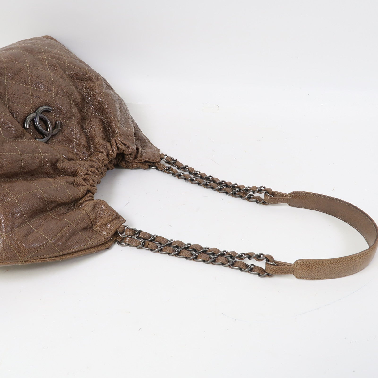 CHANEL 菱格牛皮皮革Shoulder Bag銀扣鏈帶肩背袋啡色