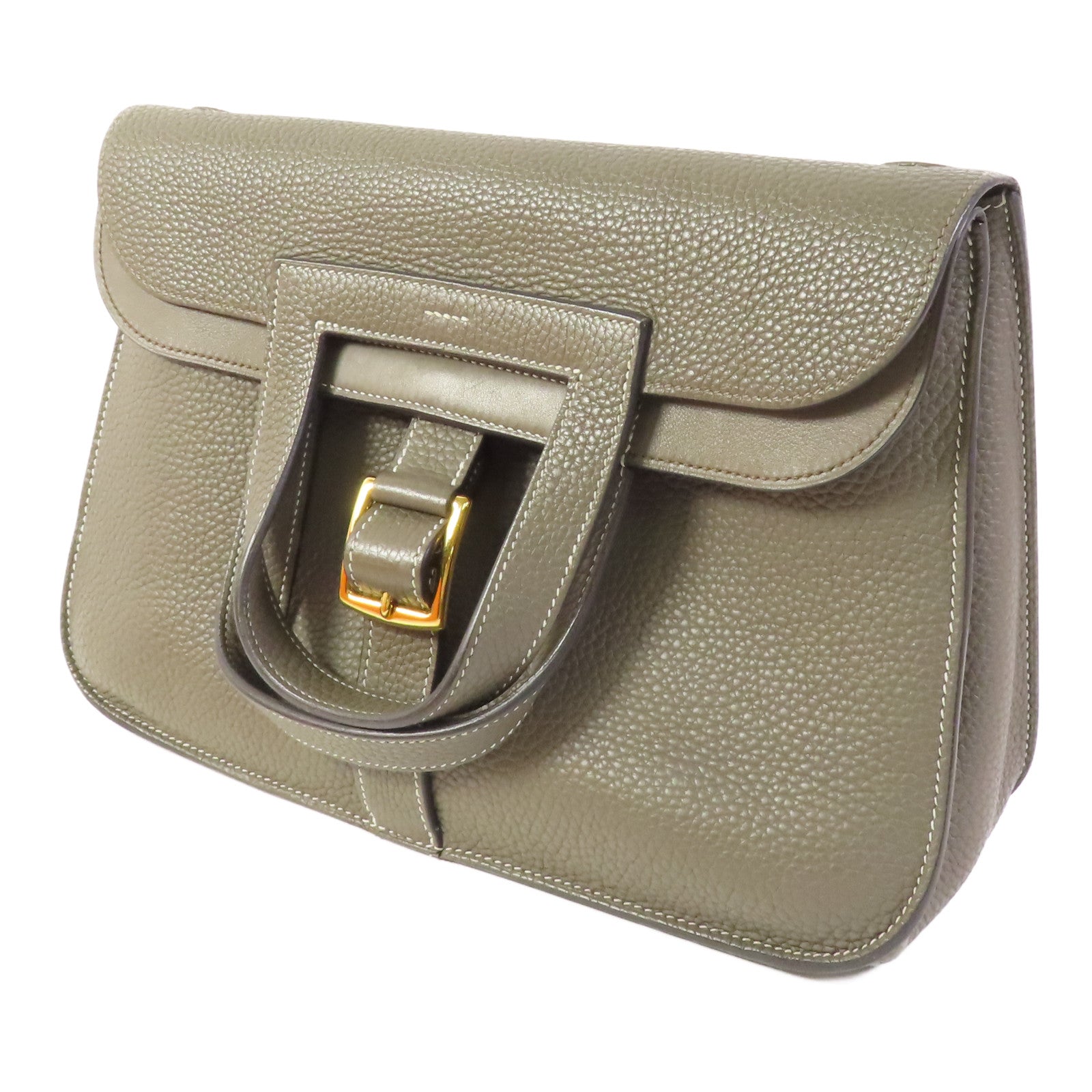 HERMES Clemence皮革Halzan 31金扣手挽肩背兩用袋Etain