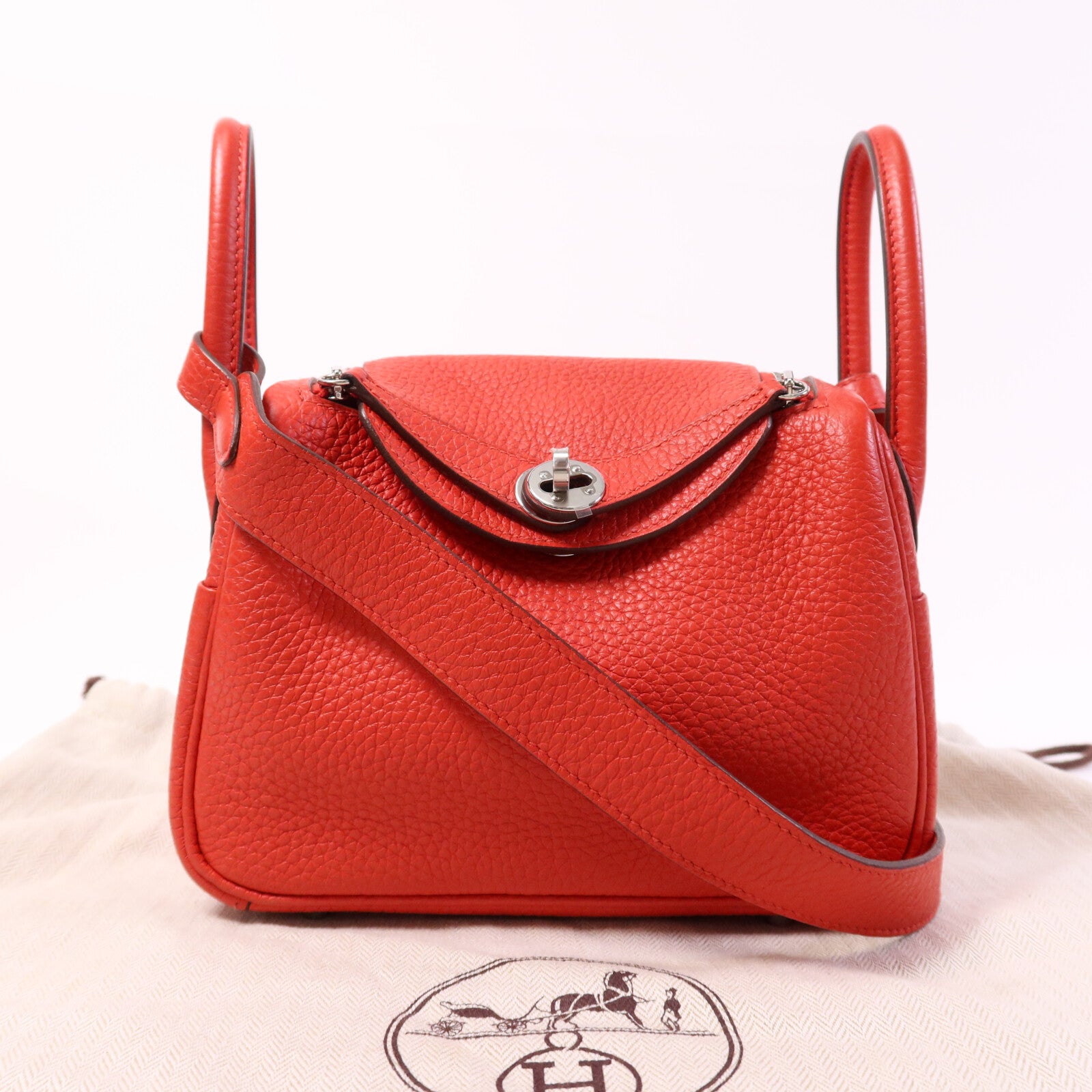 HERMES Clemence皮革Mini Lindy銀扣手挽肩背兩用袋Rouge de Coeur