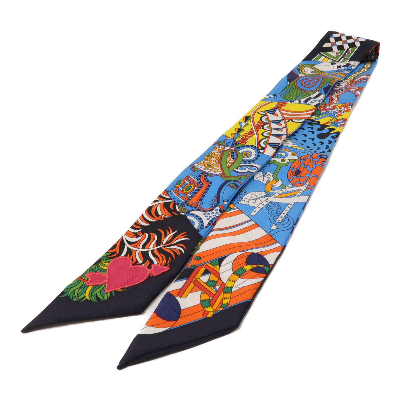 HERMES 絲質Twilly絲巾藍色/黑色/橙色