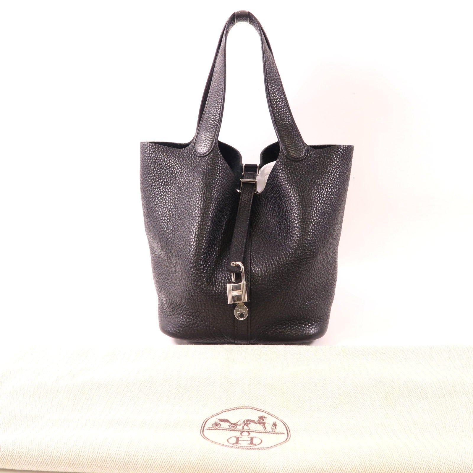 HERMES Clemence皮革Picotin MM銀扣手挽袋Noir