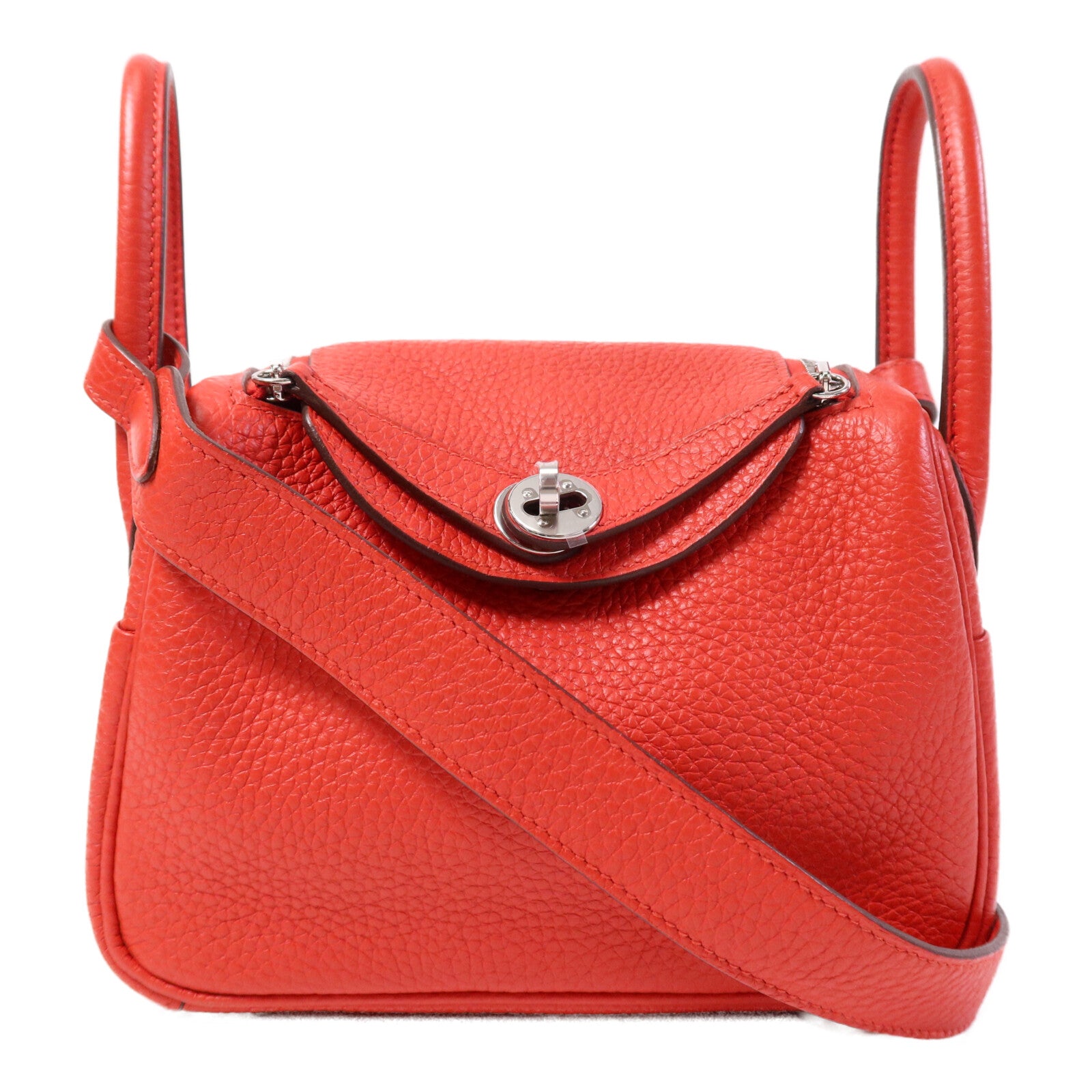 HERMES Clemence皮革Mini Lindy銀扣手挽肩背兩用袋Rouge de Coeur