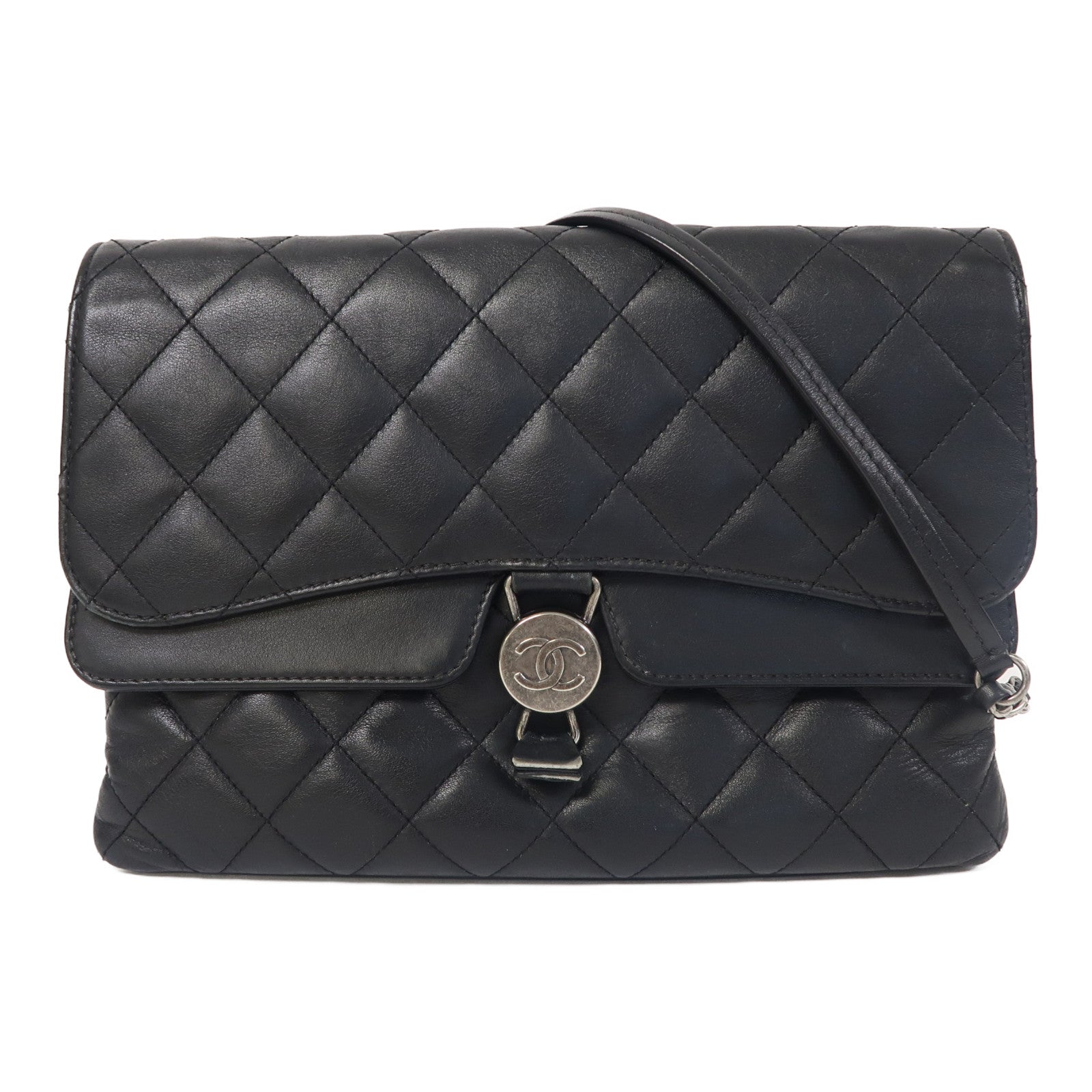 CHANEL 菱格牛皮皮革Chain Shoulder銀扣鏈帶肩背袋黑色
