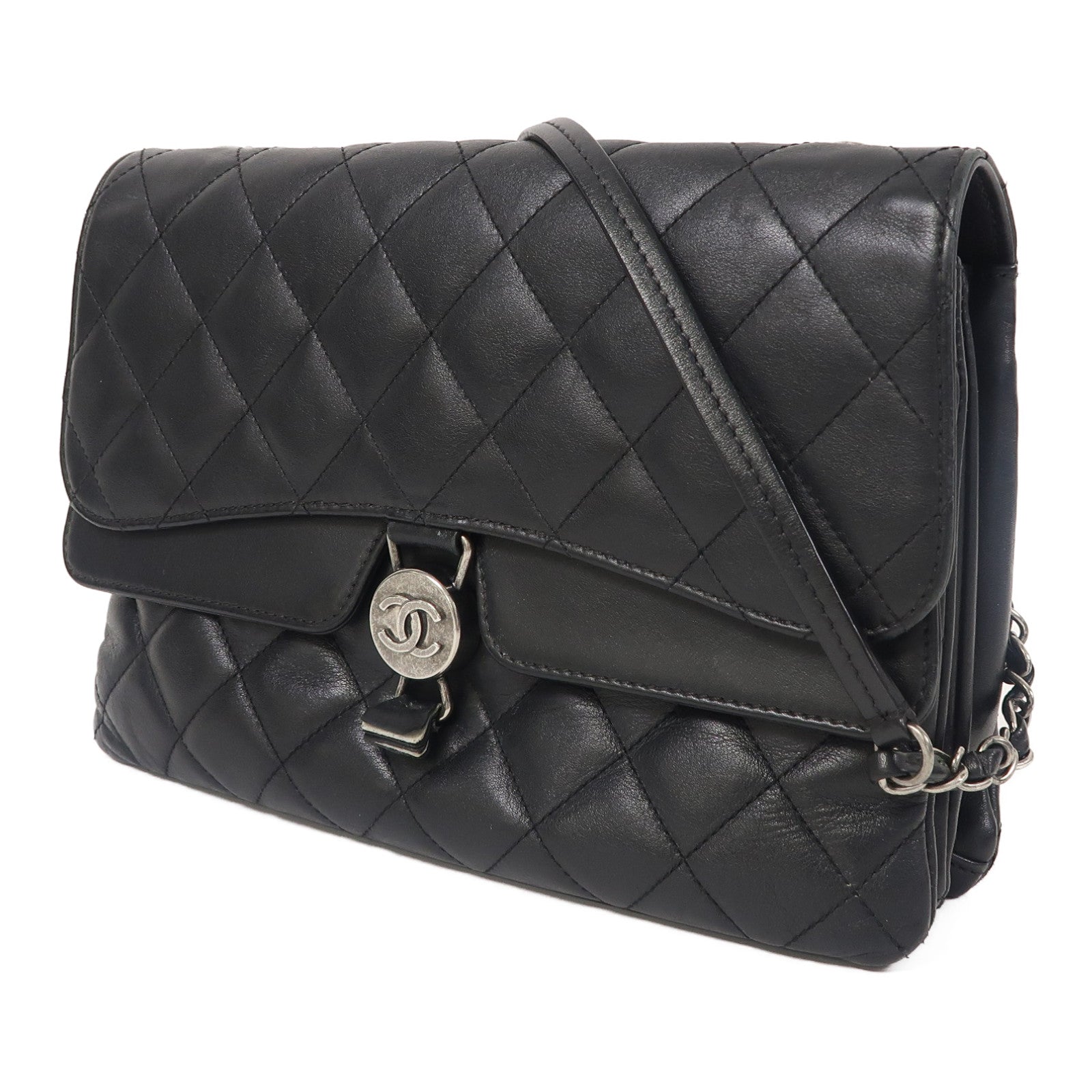 CHANEL 菱格牛皮皮革Chain Shoulder銀扣鏈帶肩背袋黑色