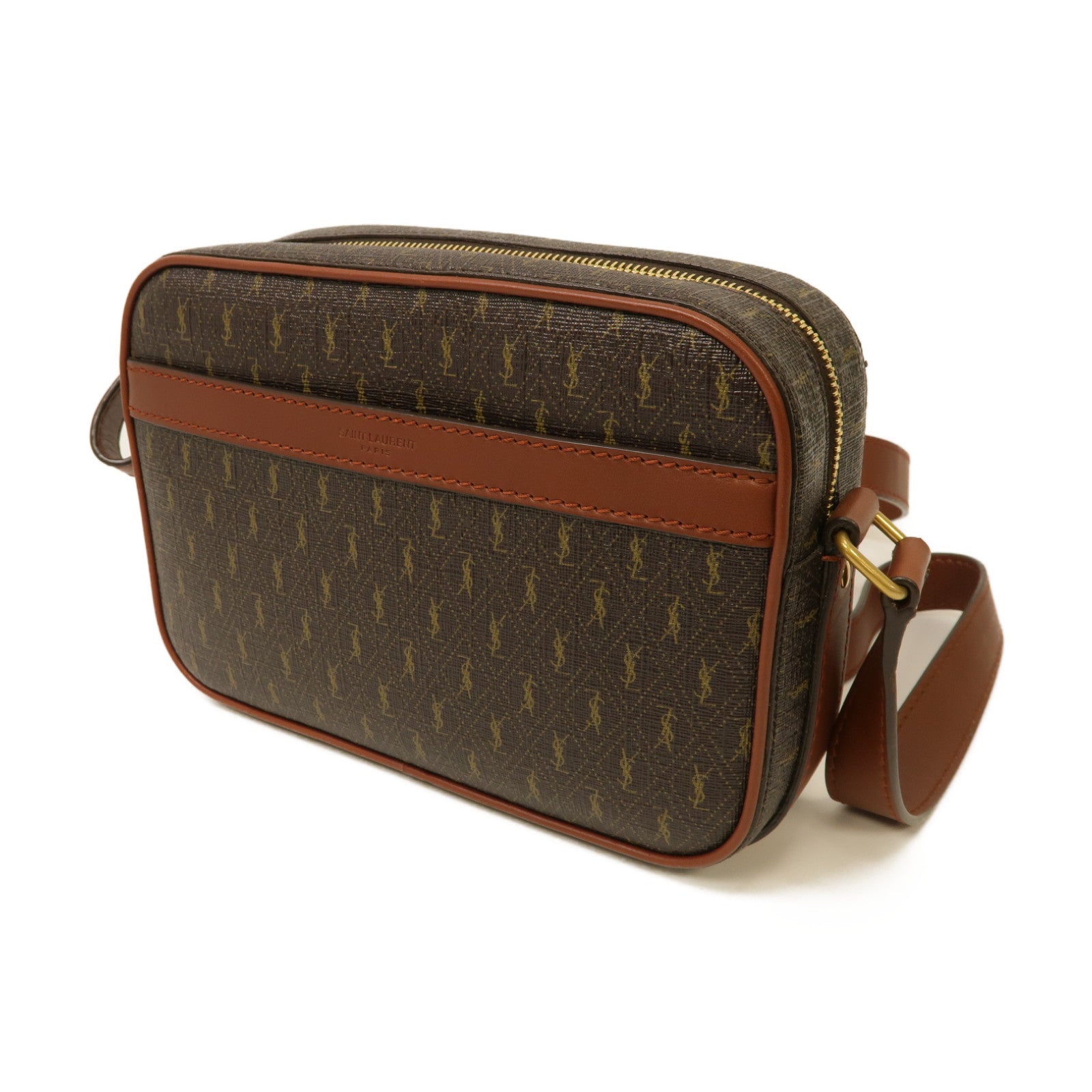 SAINT LAURENT 【清倉大減價】塗層帆布Shoulder Bag金扣肩背袋啡色