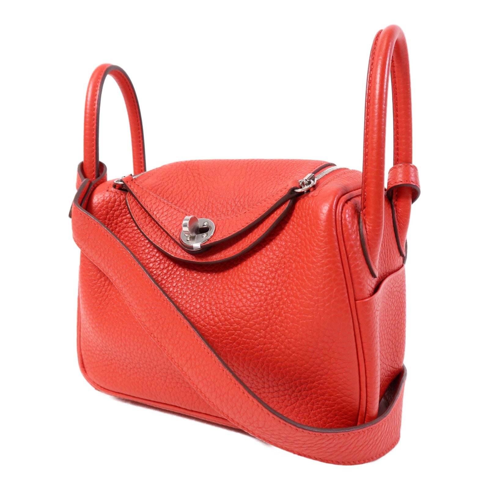 HERMES Clemence皮革Mini Lindy銀扣手挽肩背兩用袋Rouge de Coeur
