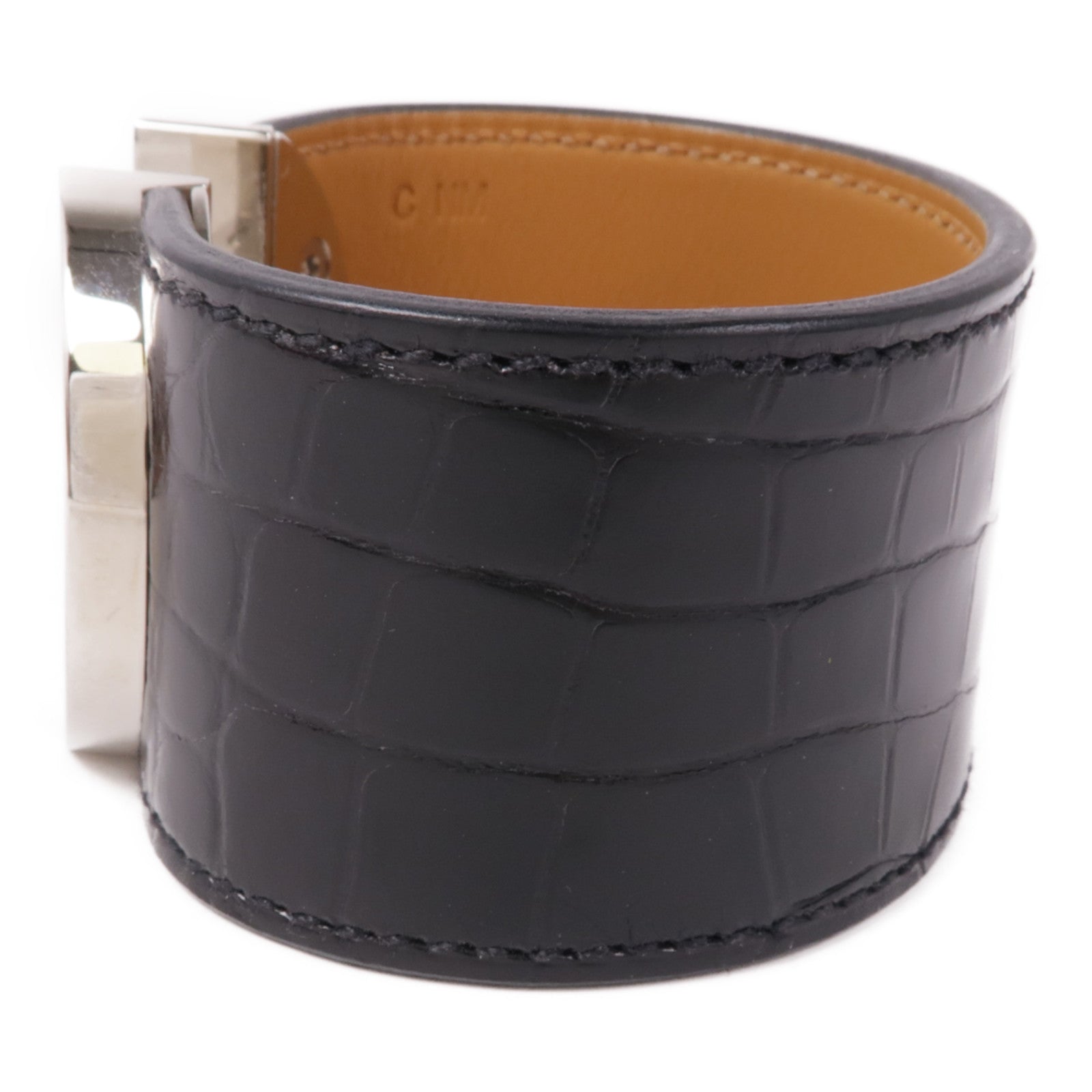 HERMES 鱷魚皮革2002 Manchette銀扣手鐲Noir