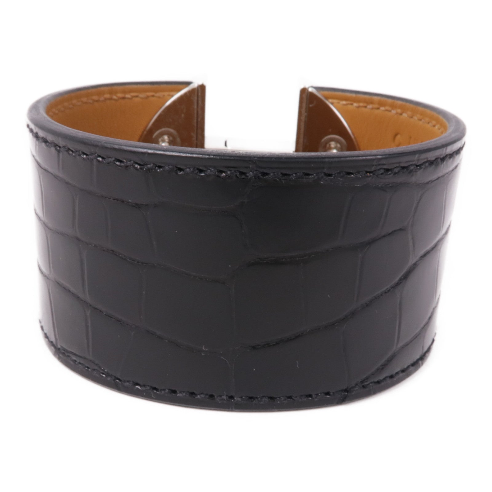 HERMES 鱷魚皮革2002 Manchette銀扣手鐲Noir