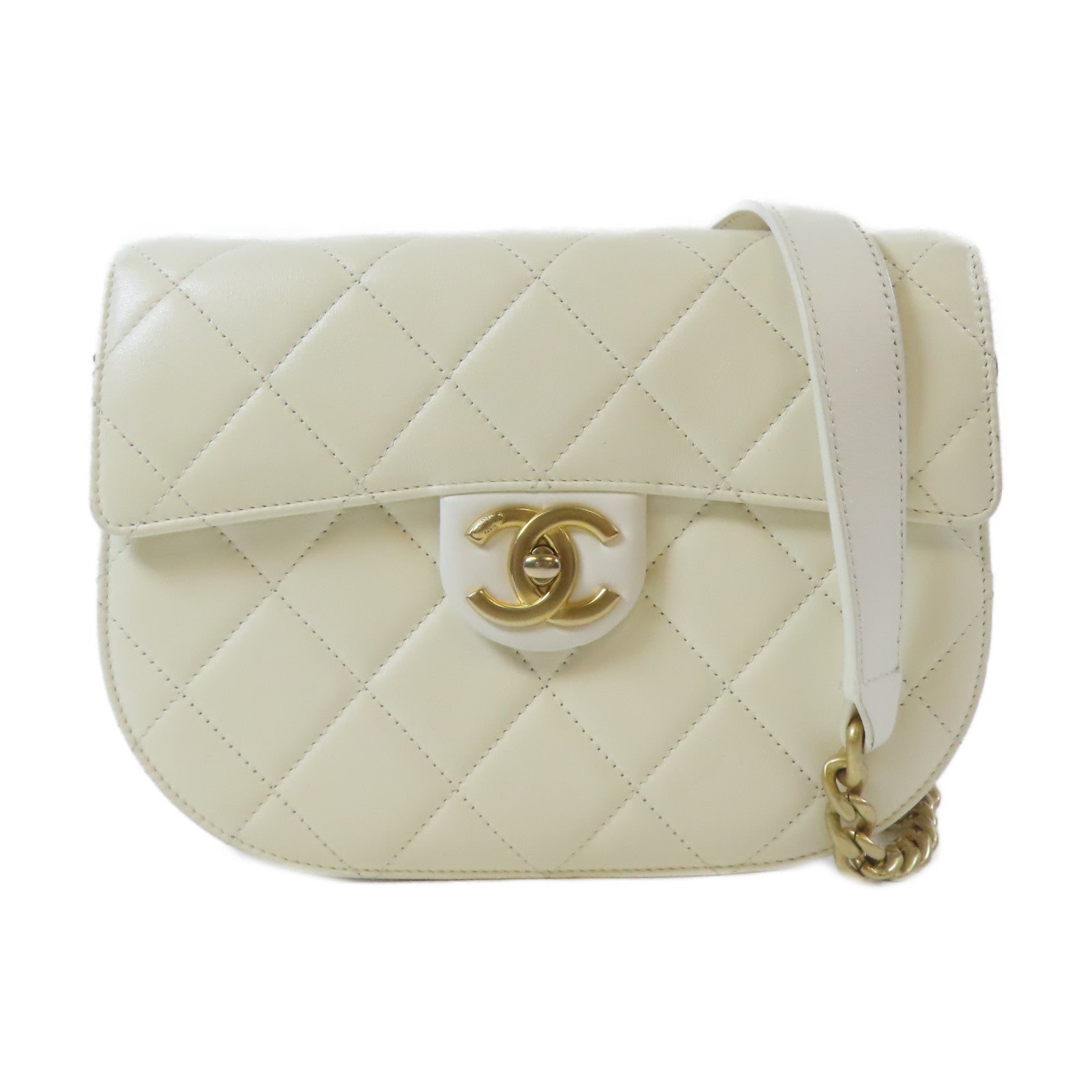 CHANEL 【激減優惠】菱格牛皮皮革Shoulder Bag金扣鏈帶肩背袋白色