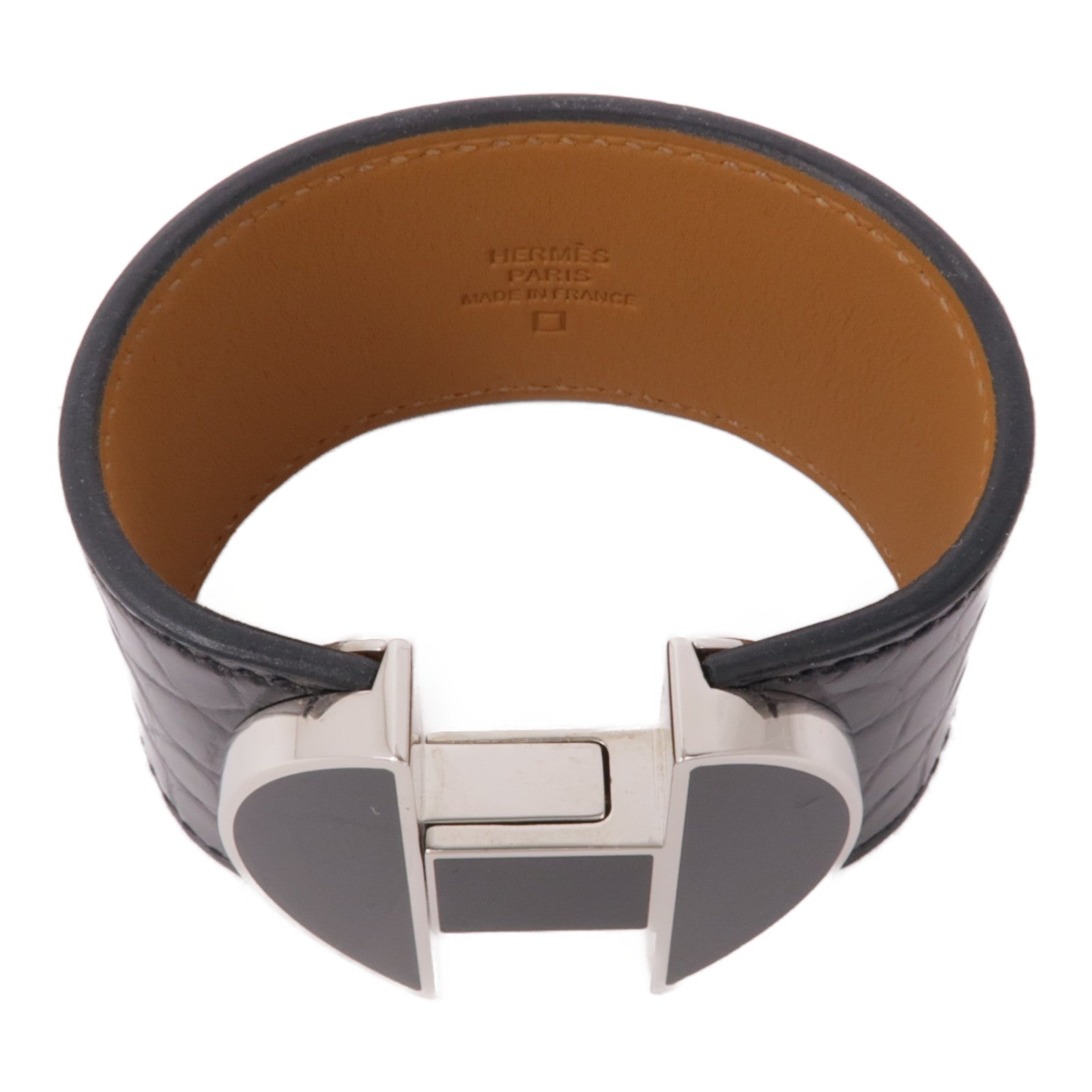 HERMES 鱷魚皮革2002 Manchette銀扣手鐲Noir