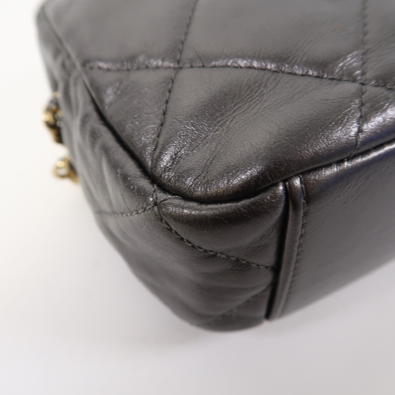 CHANEL 菱格皮革Chain Shoulder金扣鏈帶肩背袋灰色