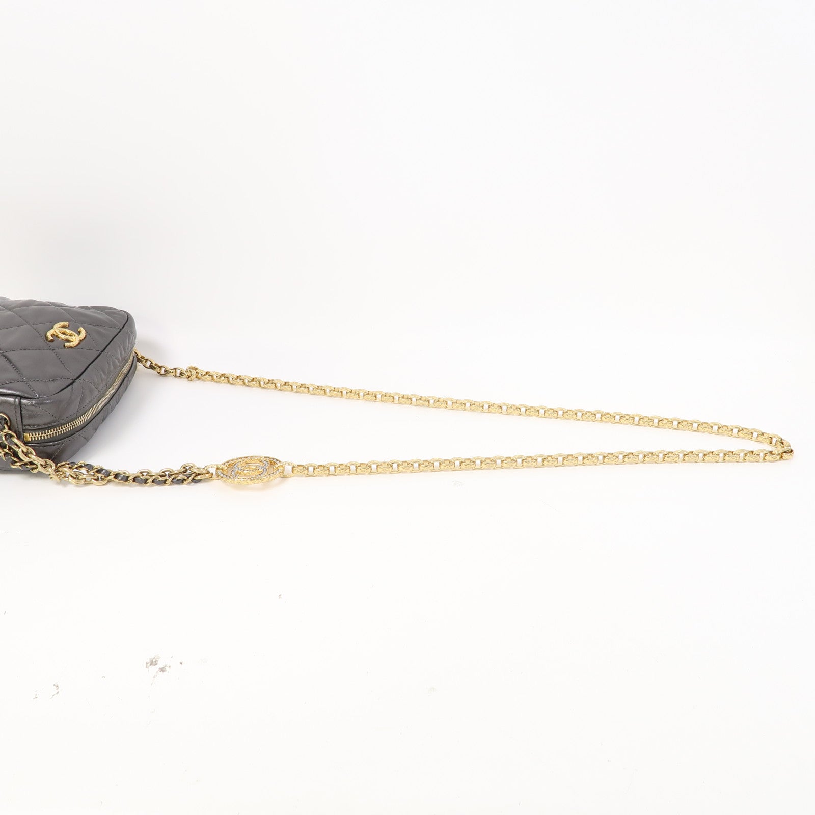 CHANEL 菱格皮革Chain Shoulder金扣鏈帶肩背袋灰色