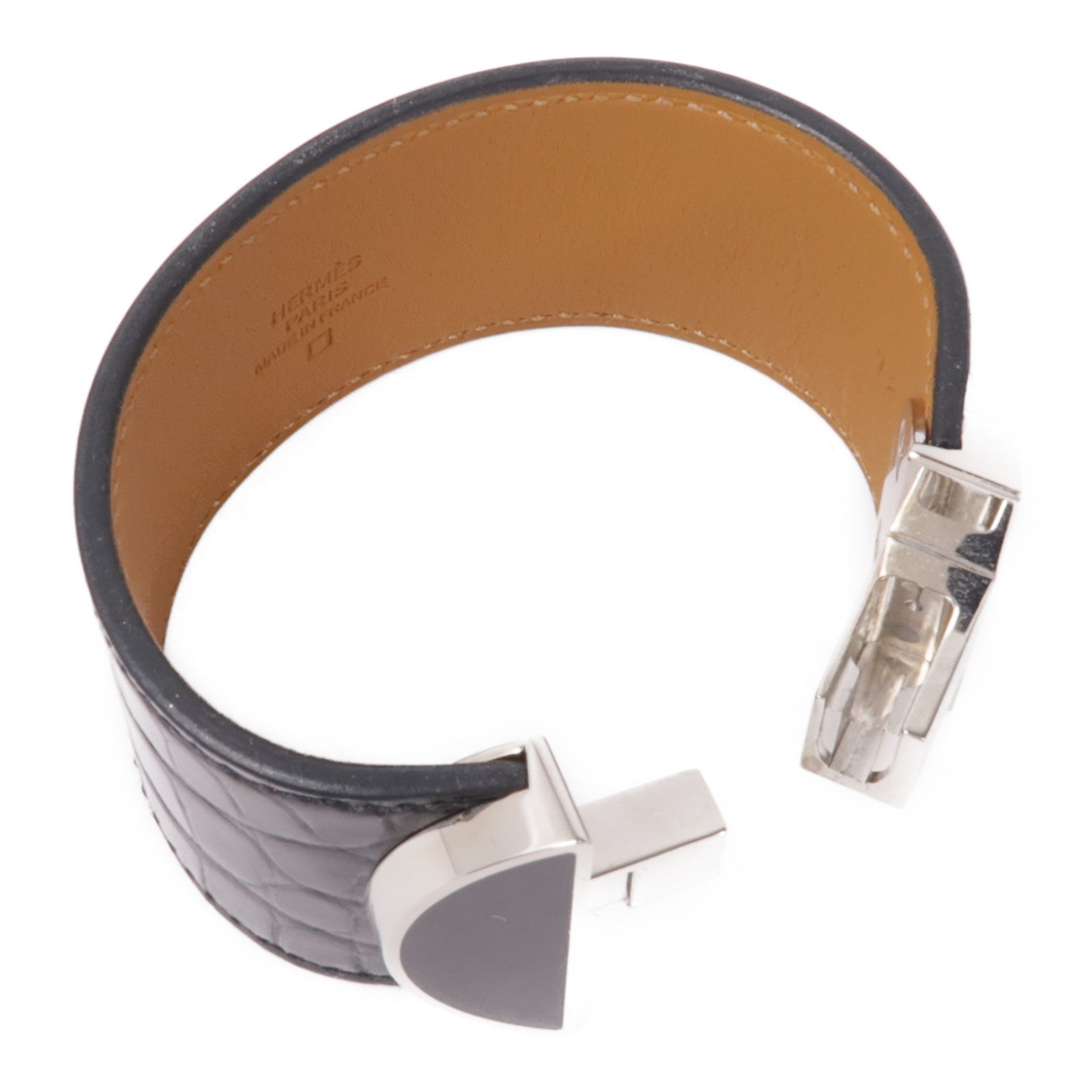 HERMES 【激減優惠】鱷魚皮革2002 Manchette銀扣手鐲Noir