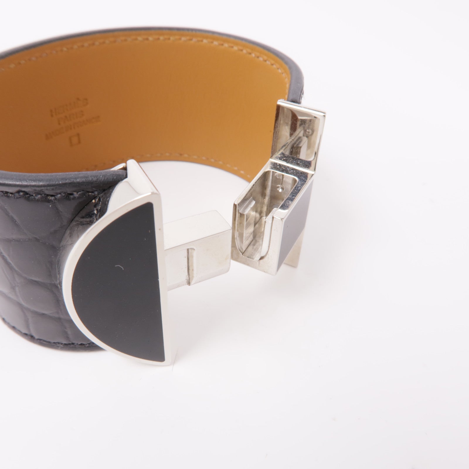 HERMES 【激減優惠】鱷魚皮革2002 Manchette銀扣手鐲Noir