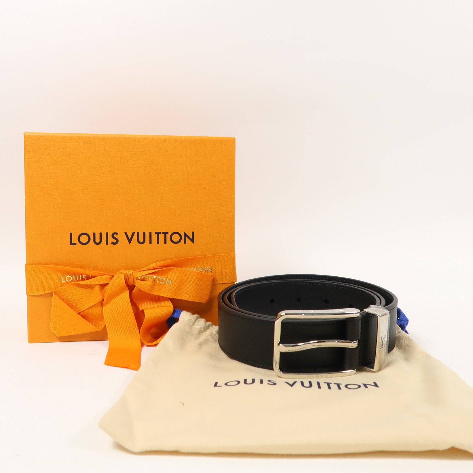 LOUIS VUITTON 皮革Saintour Pont Neuf Belt銀扣皮帶黑色