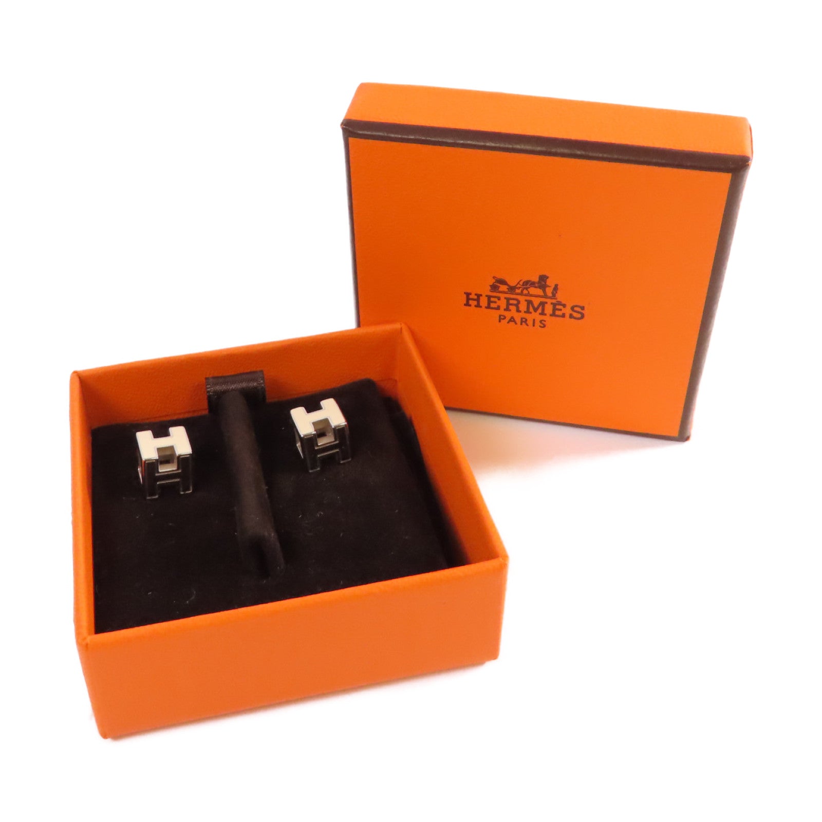 HERMES 金屬/琺瑯Cage d'H Earrings耳環Craie米白色