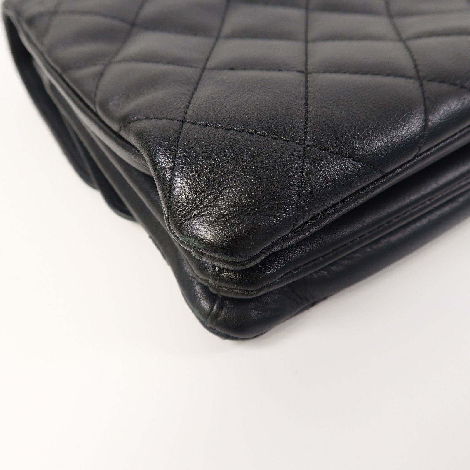 CHANEL 菱格牛皮皮革Chain Shoulder銀扣鏈帶肩背袋黑色