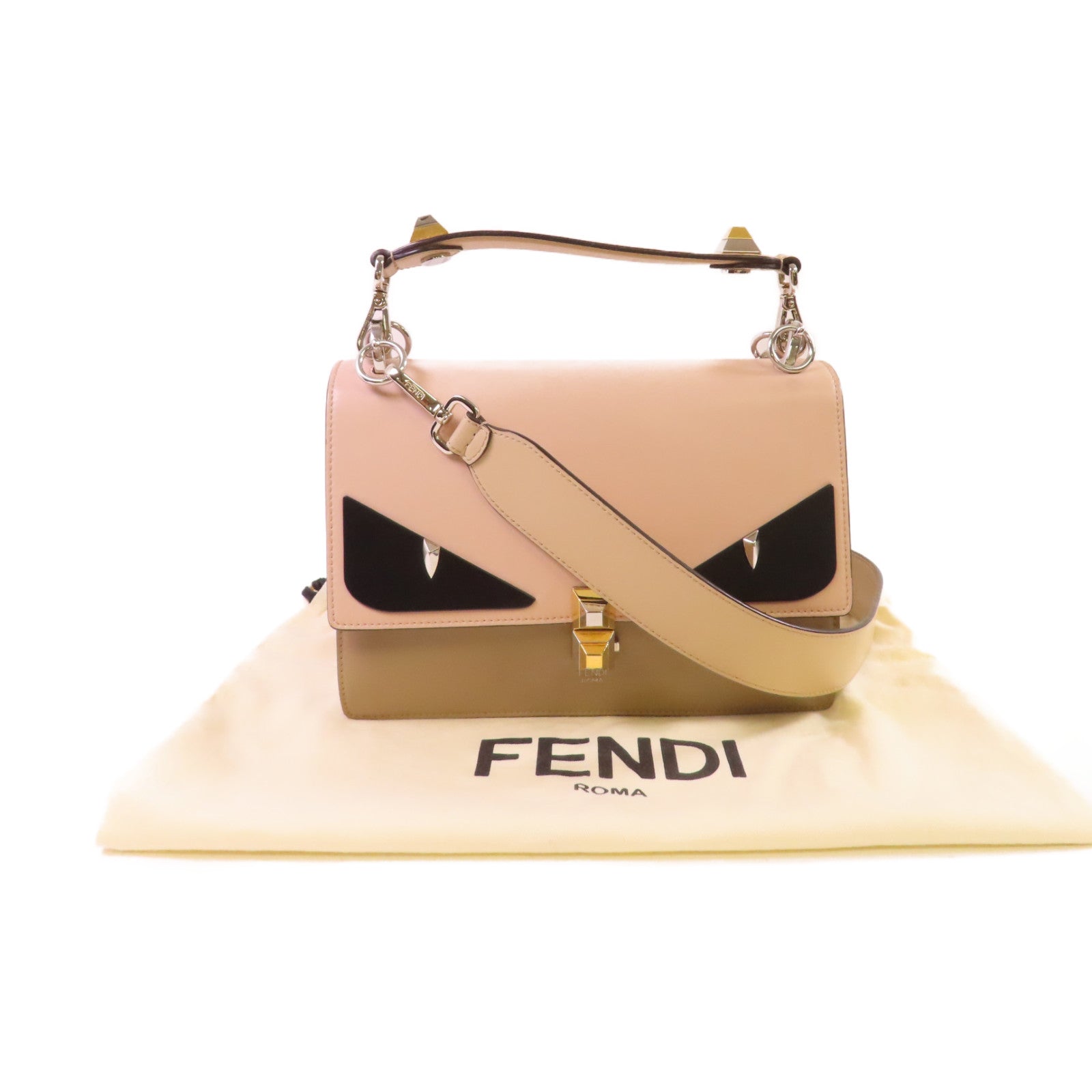 FENDI 【激減優惠】牛皮皮革Monster 2Way Shoulder Bag金扣手挽肩背兩用袋杏色/啡色
