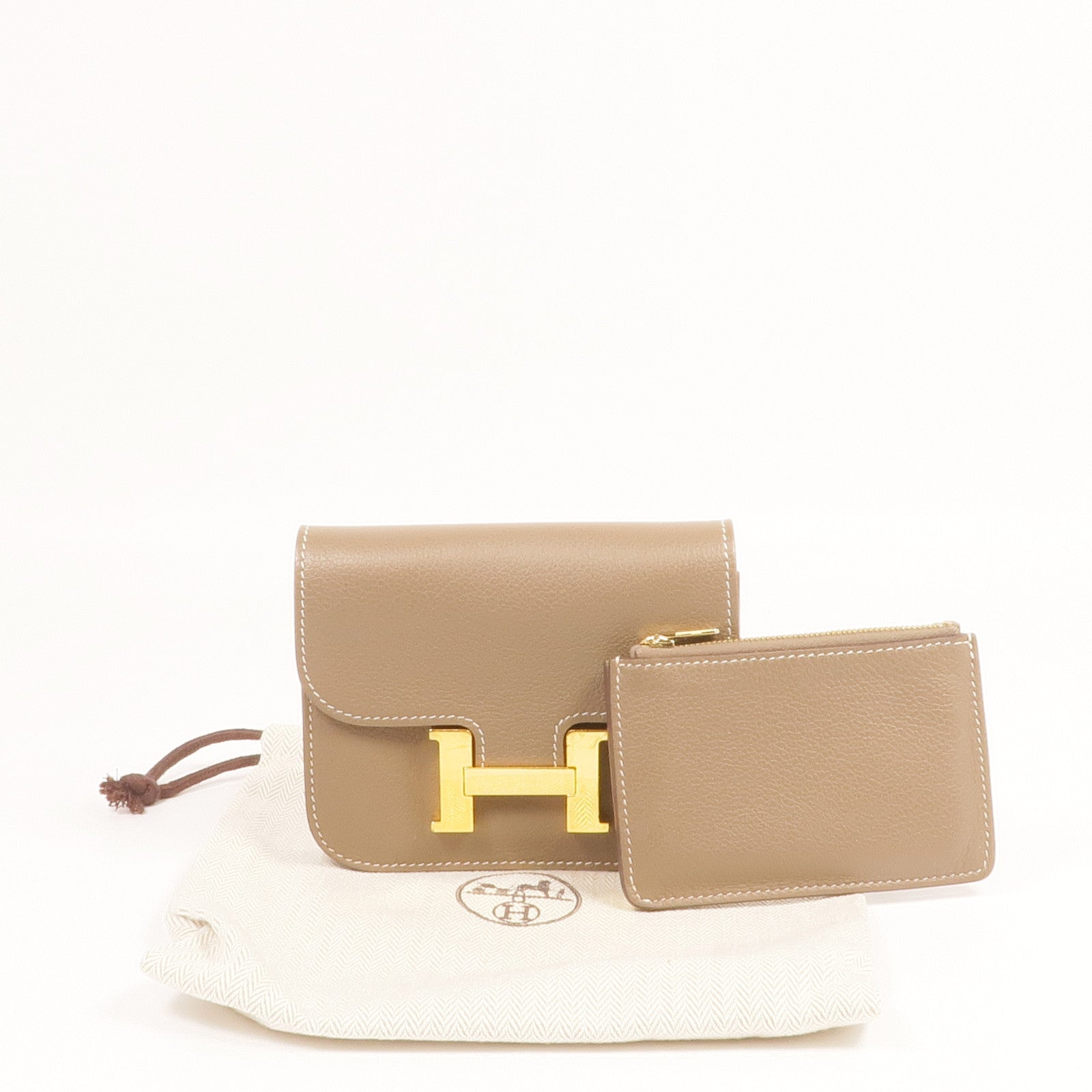HERMES Evercolor皮革Constance Slim Wallet金扣錢包Etoupe