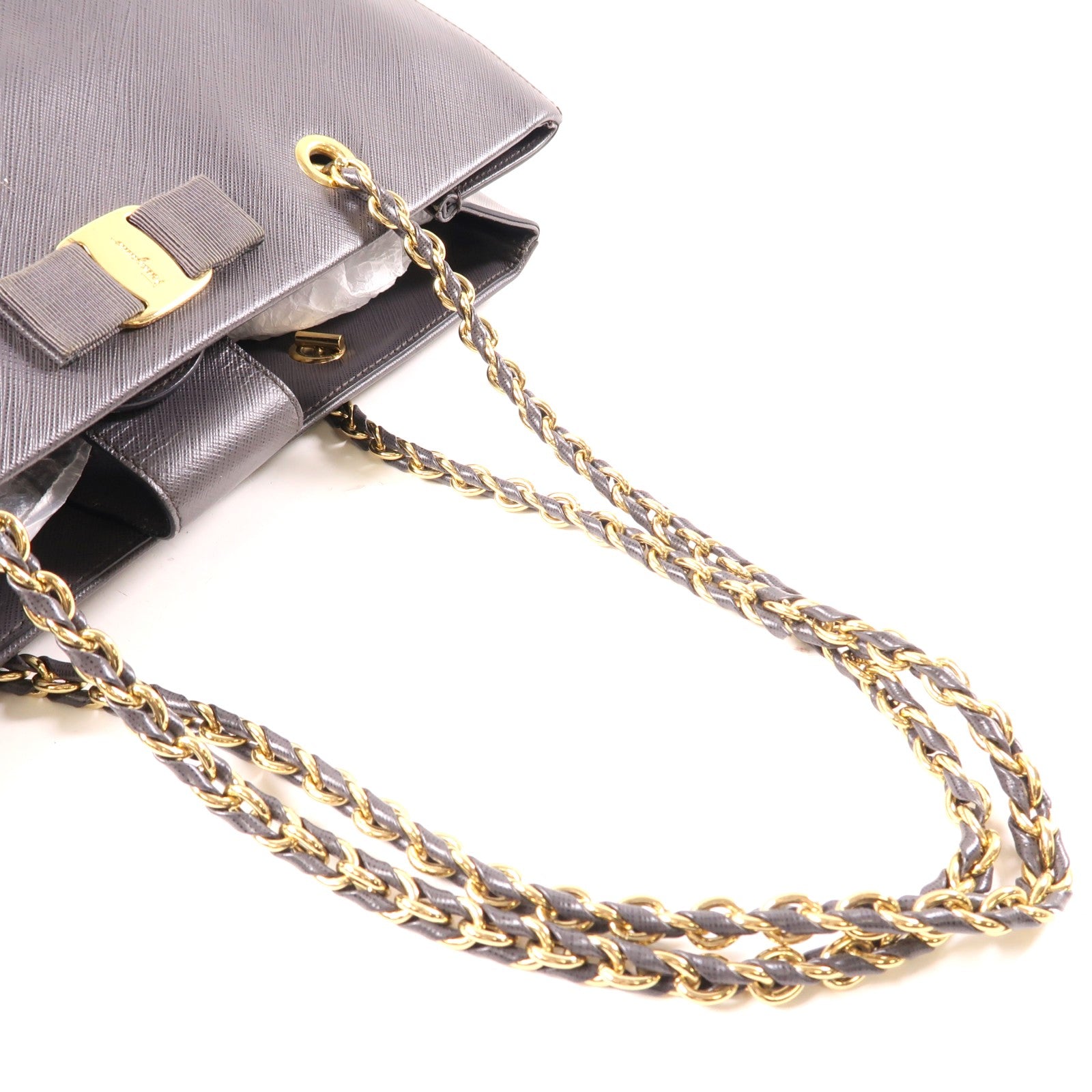 Salvatore Ferragamo 牛皮皮革Shoulder Bag金扣鏈帶肩背袋灰色