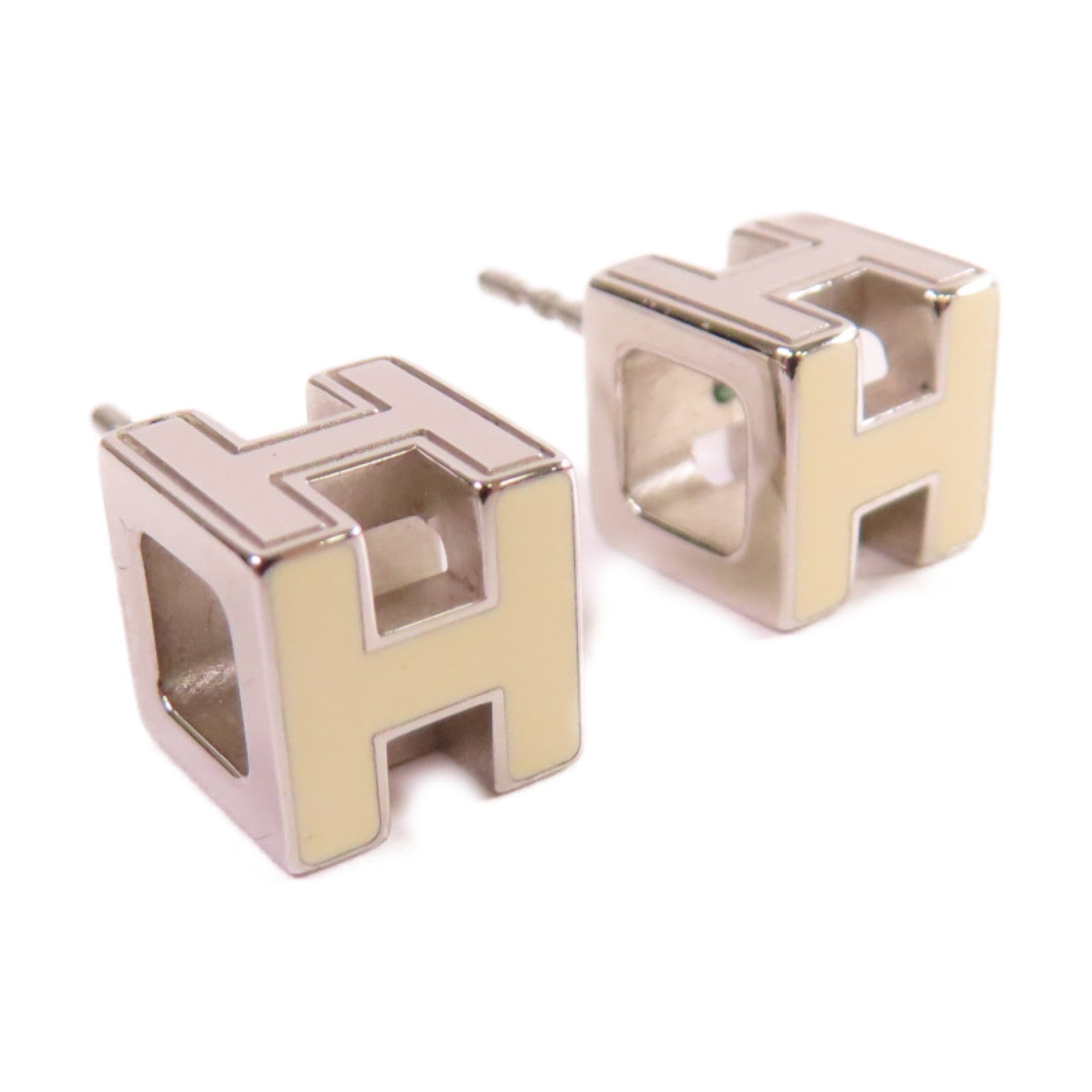 HERMES 金屬/琺瑯Cage d'H Earrings耳環Craie米白色