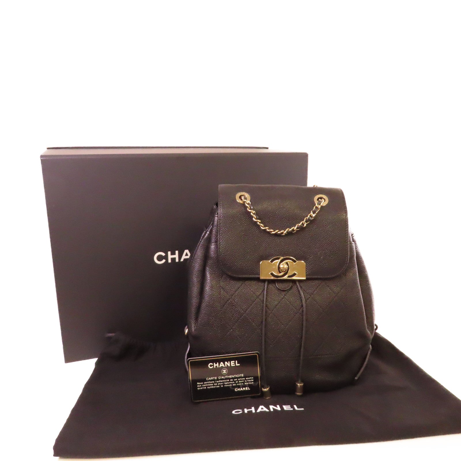 CHANEL 【激減優惠】菱格Caviar皮革Backpack金扣背包黑色