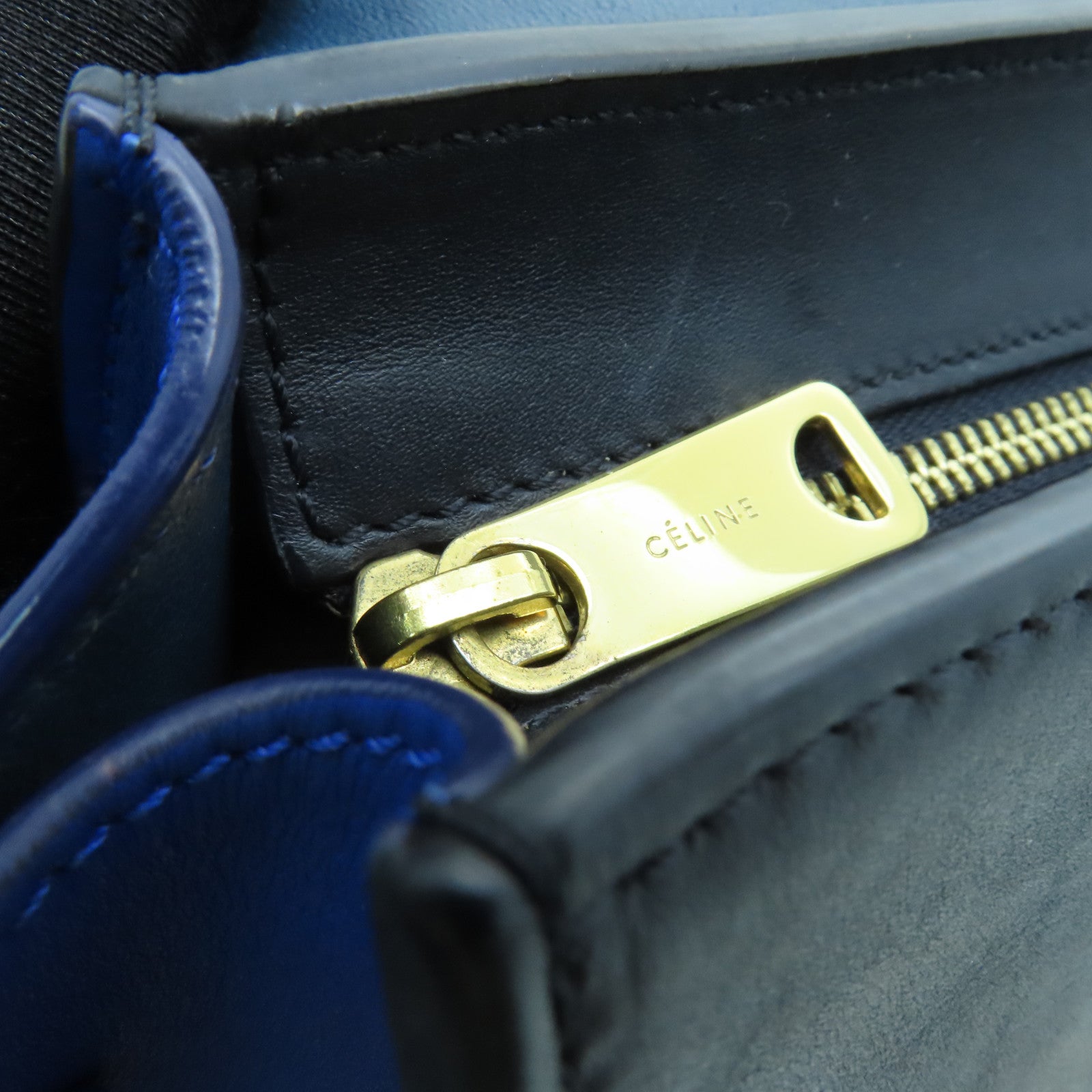 CELINE cowhide leather Trapeze gold buckle handle shoulder bag blue