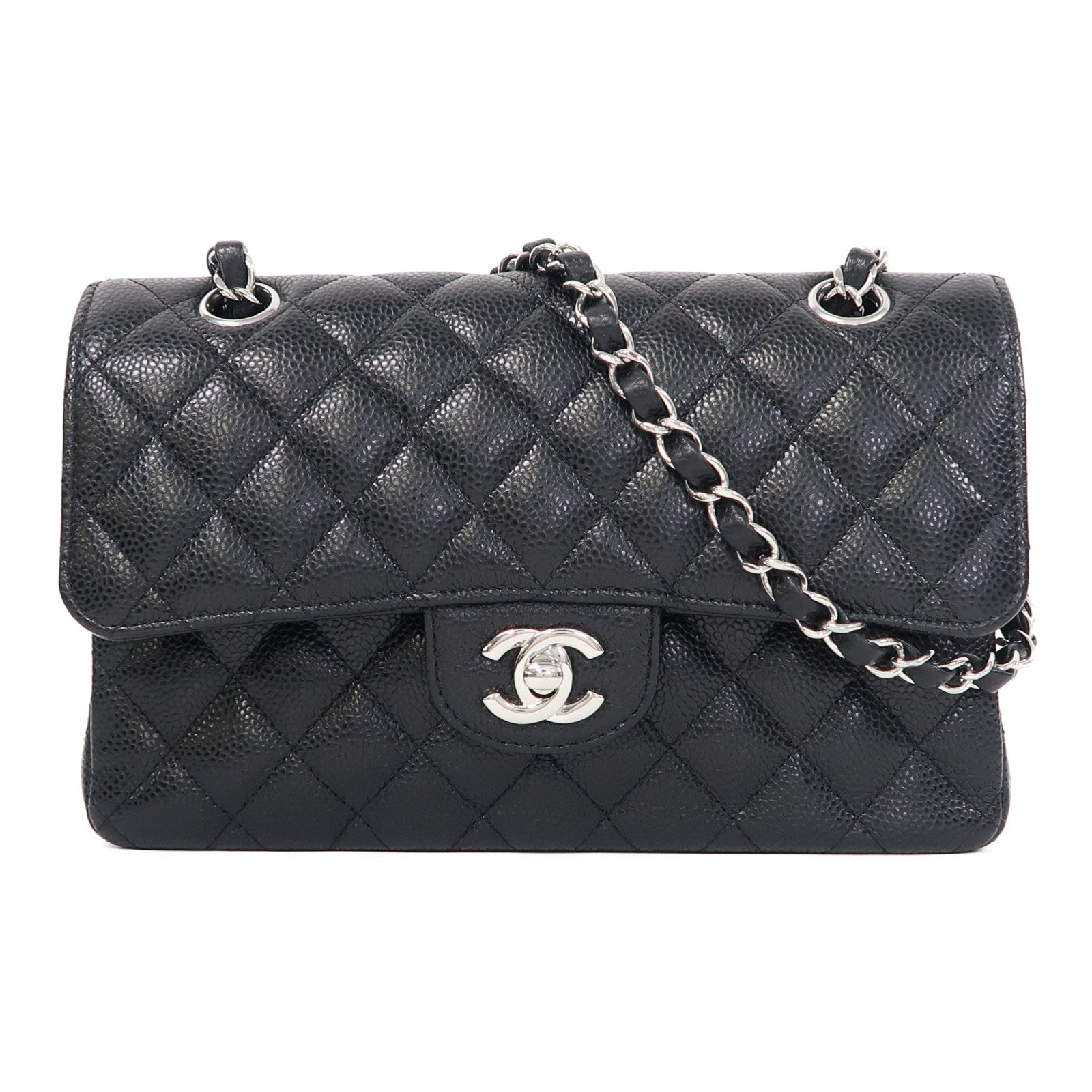 CHANEL Caviar皮革Classic 23銀扣鏈帶肩背袋黑色