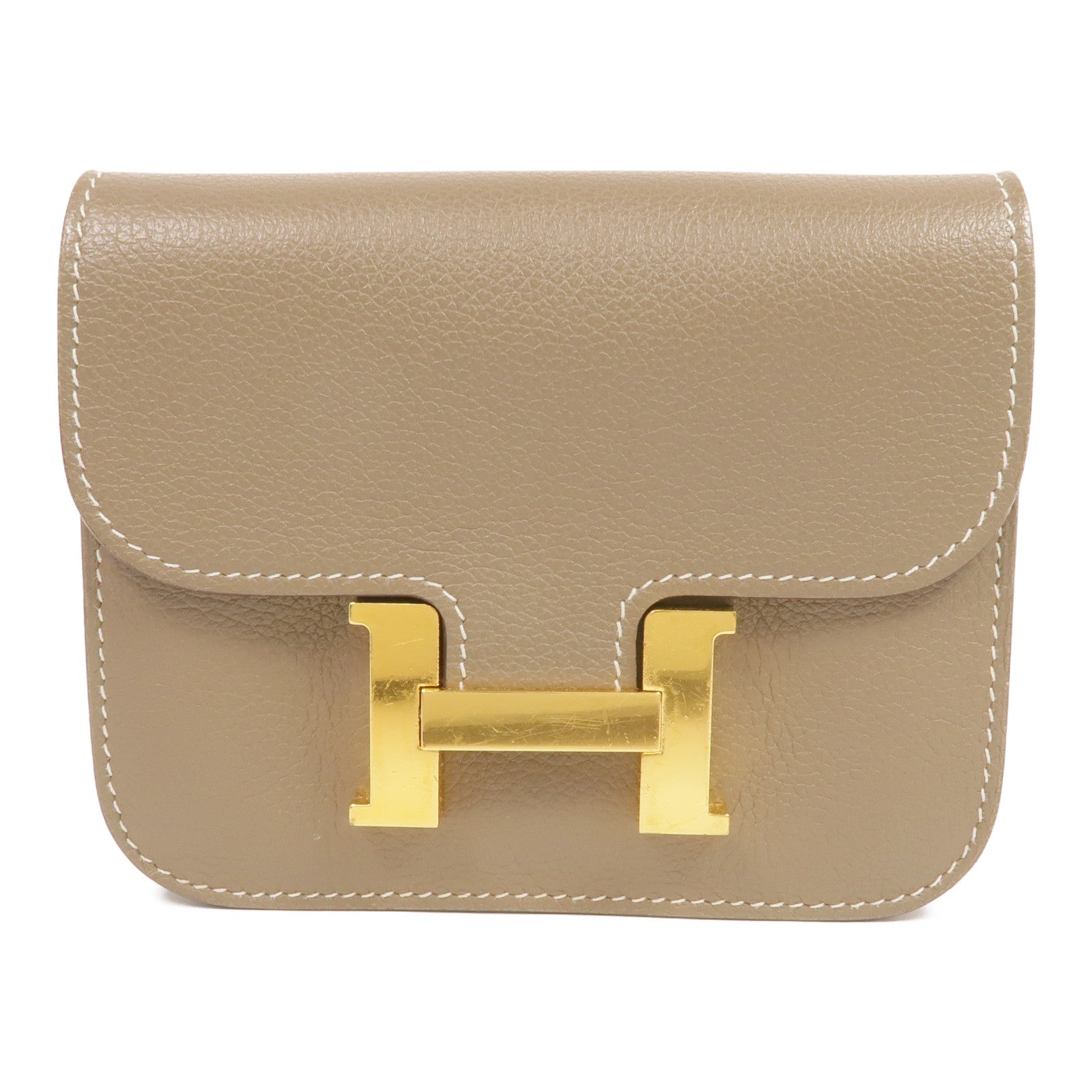 HERMES Evercolor皮革Constance Slim Wallet金扣錢包Etoupe