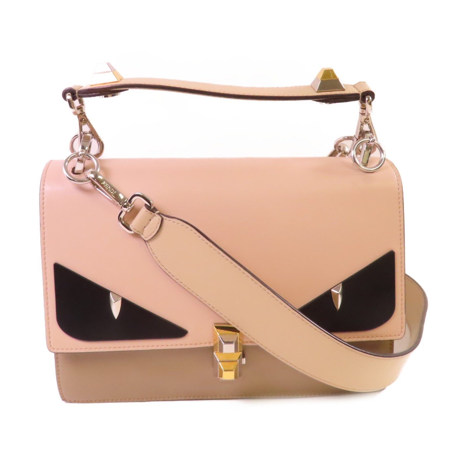 FENDI 【激減優惠】牛皮皮革Monster 2Way Shoulder Bag金扣手挽肩背兩用袋杏色/啡色