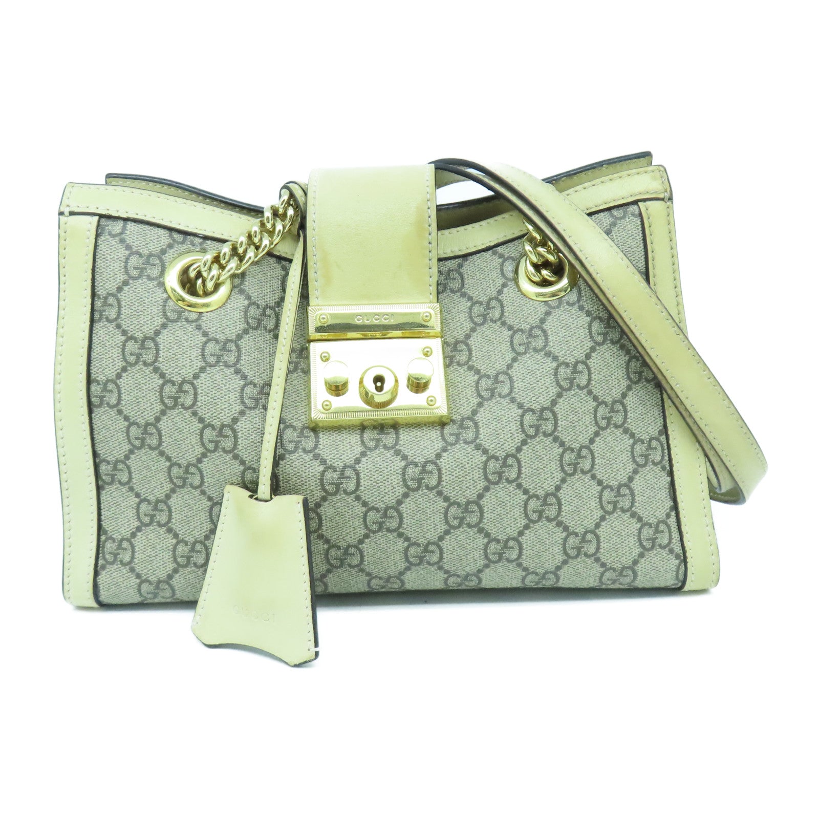 GUCCI 【激減優惠】塗層帆布Padlock GG金扣鏈帶肩背袋灰色/米色