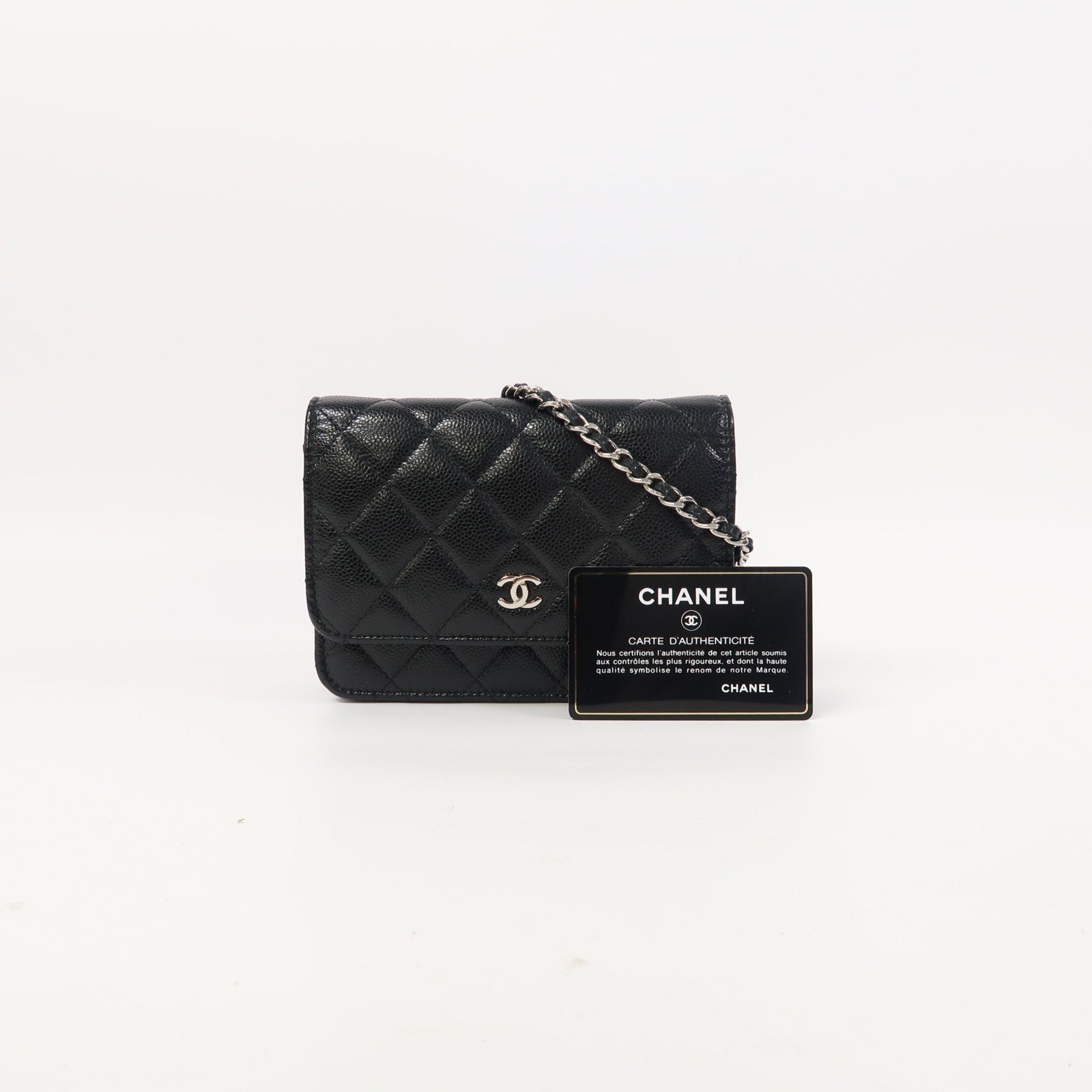 CHANEL 【激減優惠】菱格Caviar皮革Wallet On Chain Mini銀扣鏈帶肩背袋黑色