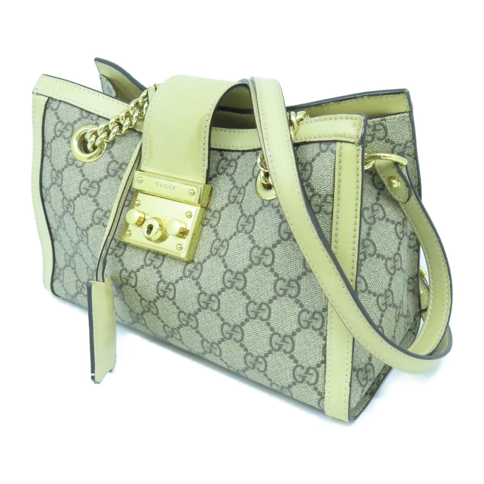 GUCCI 【激減優惠】塗層帆布Padlock GG金扣鏈帶肩背袋灰色/米色