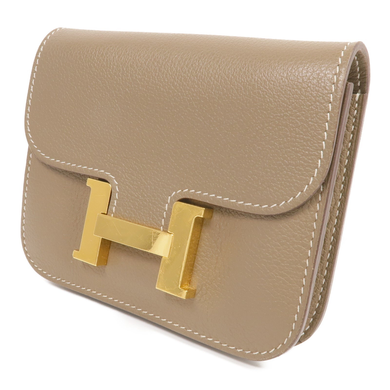 HERMES Evercolor皮革Constance Slim Wallet金扣錢包Etoupe