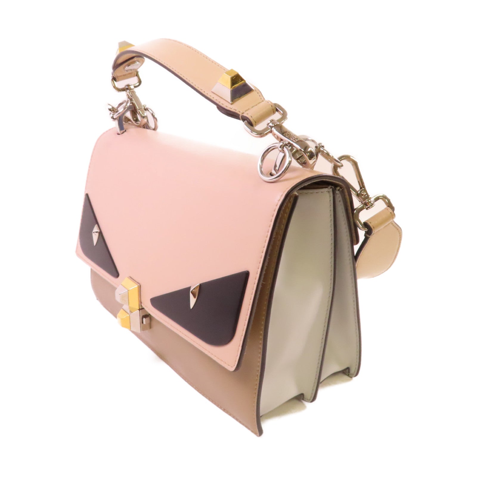 FENDI 【激減優惠】牛皮皮革Monster 2Way Shoulder Bag金扣手挽肩背兩用袋杏色/啡色