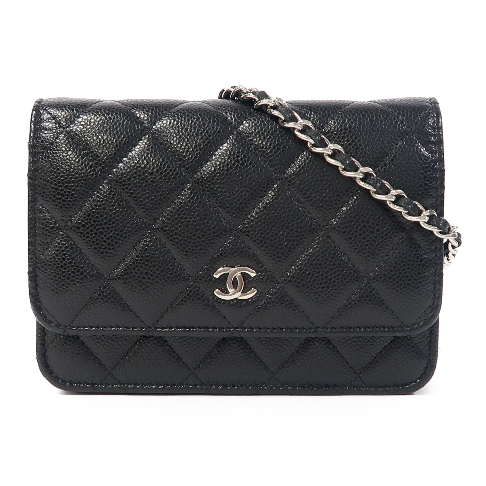 CHANEL 【激減優惠】菱格Caviar皮革Wallet On Chain Mini銀扣鏈帶肩背袋黑色