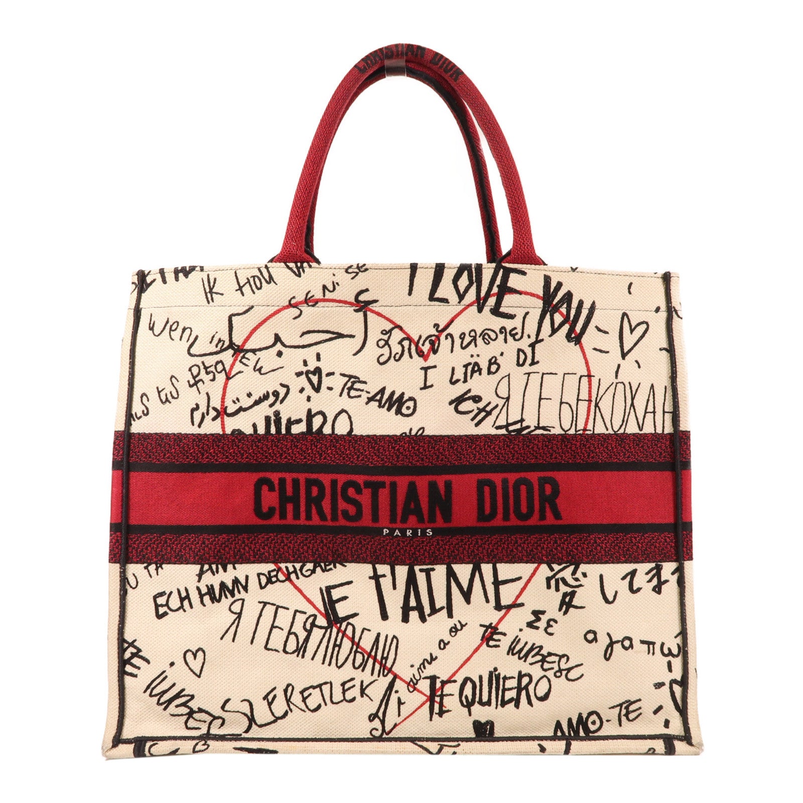 Dior 帆布Large Dior Book Tote手挽袋米色/紅色