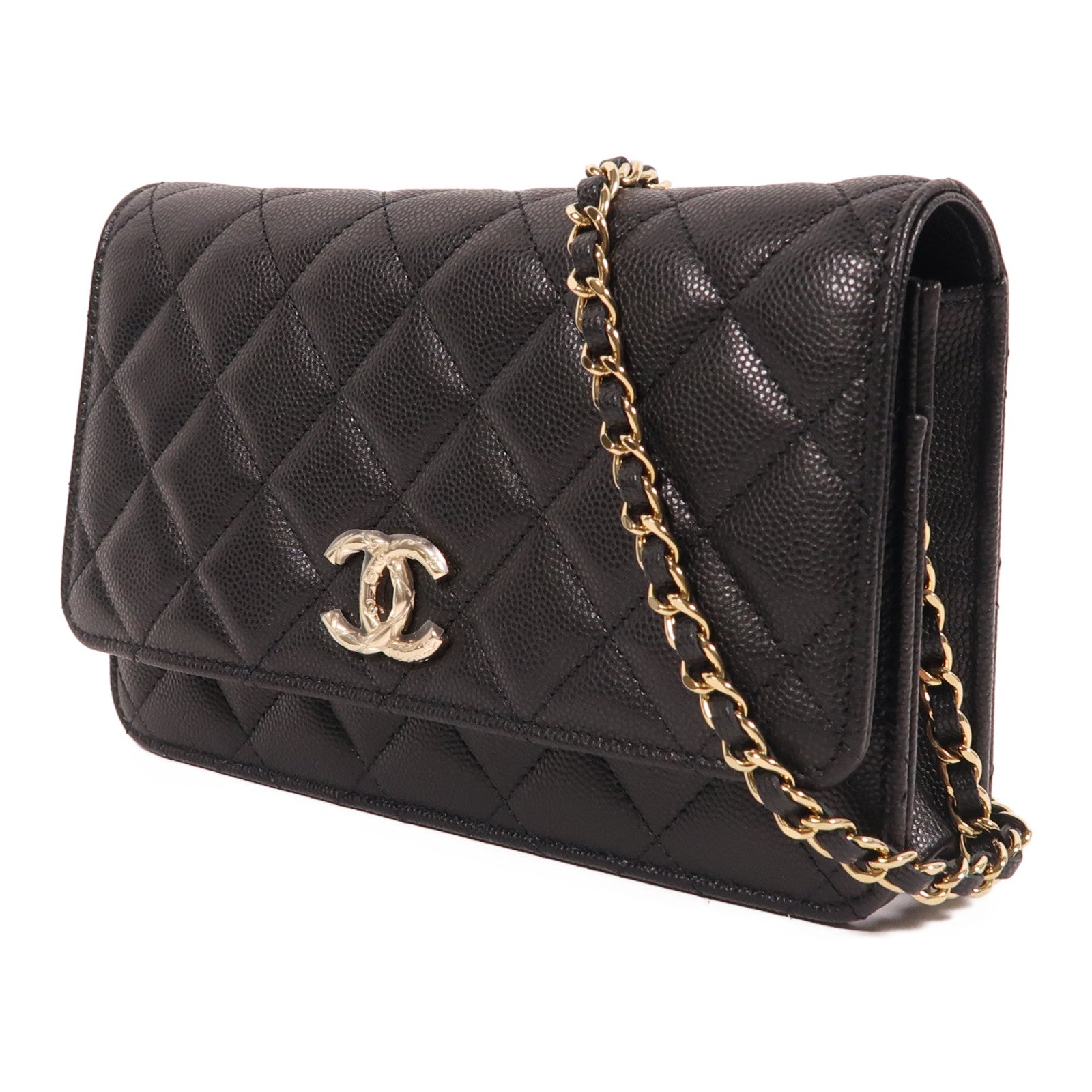 CHANEL 牛皮皮革Wallet On Chain金扣鏈帶肩背袋黑色